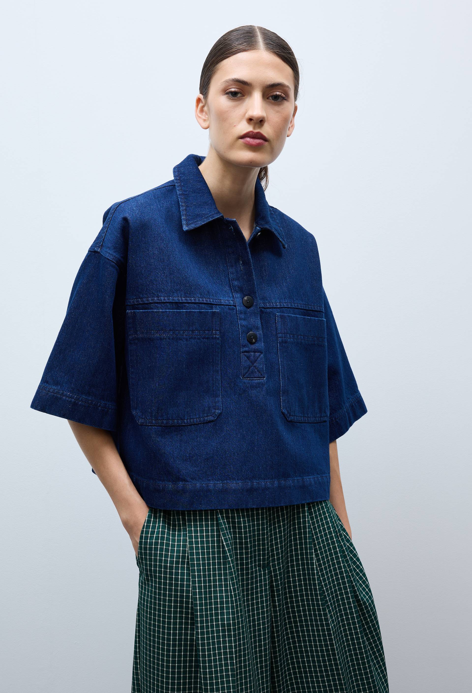 Top col chemise en jean en coton BIO GOTS, Bleu fonc&eacute;, large image number 0