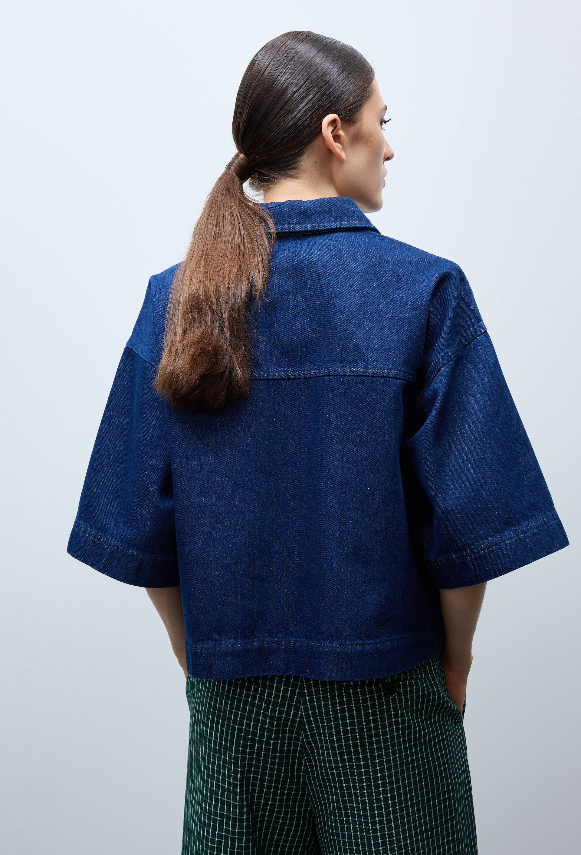 Top col chemise en jean en coton BIO GOTS, Bleu fonc&eacute;, large image number 1