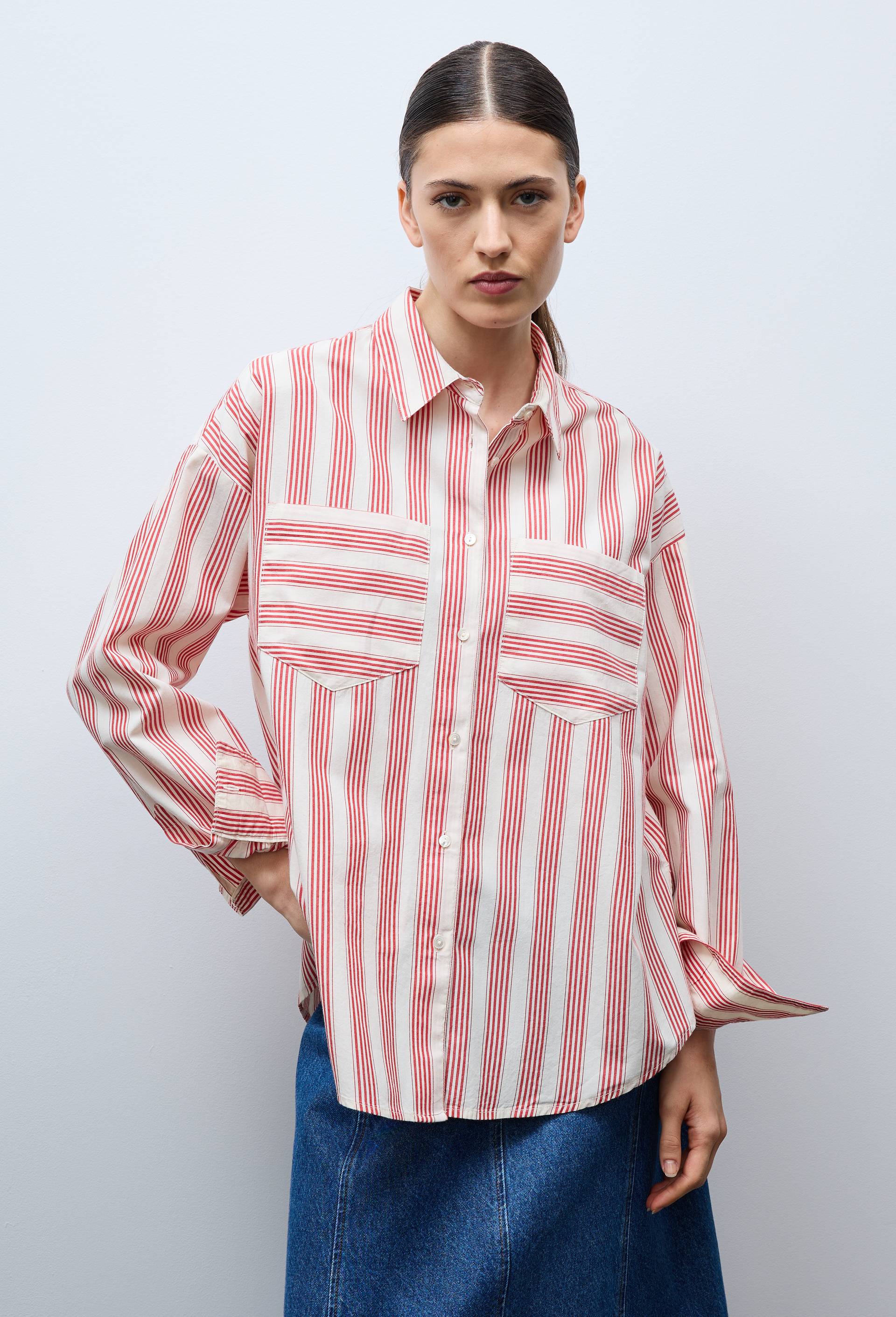 Chemise manches longues ray&eacute;e en coton, Rouge, large image number 1.0