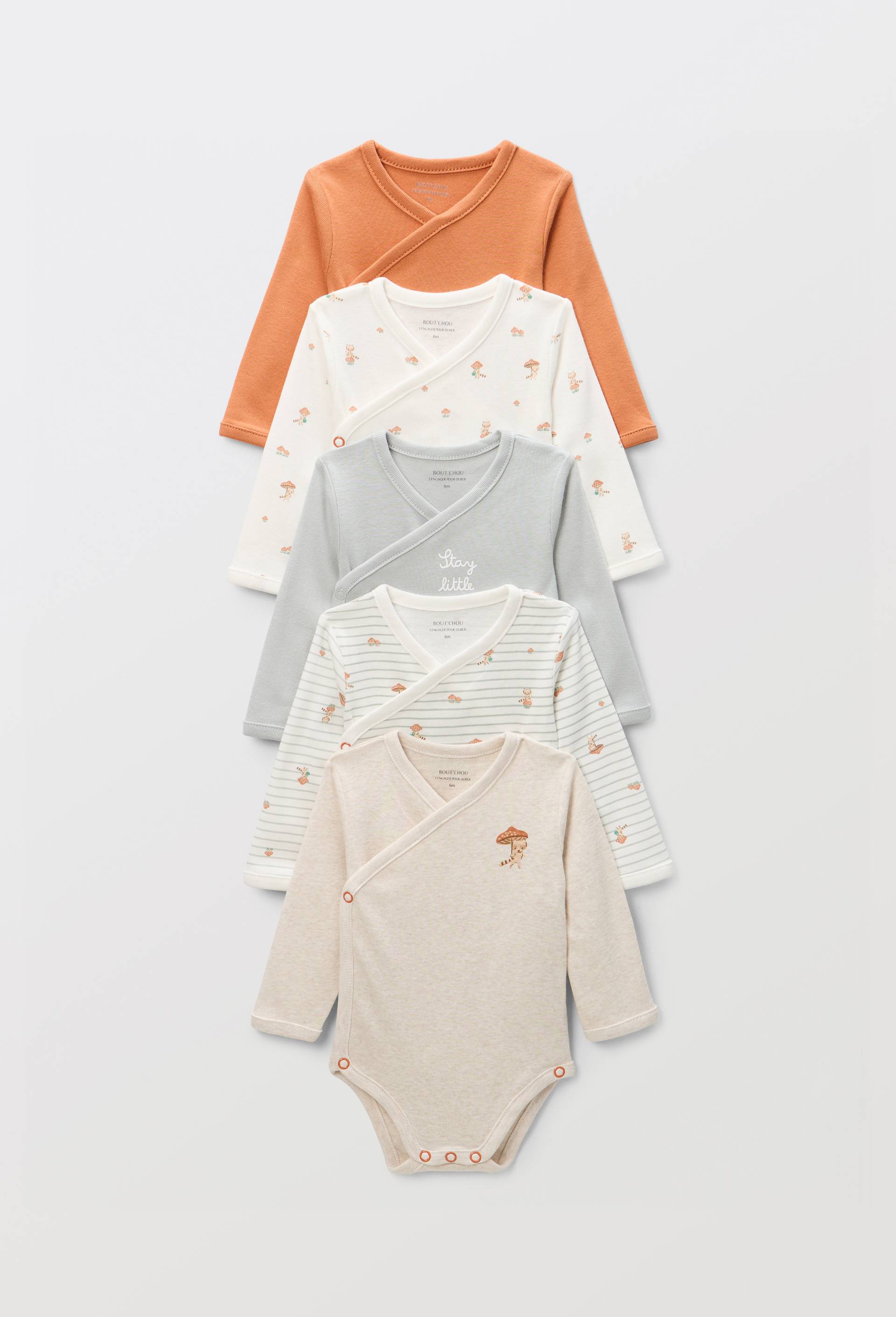 Lot de 5 bodies crois&eacute;s manches longues imprim&eacute; en coton BIO GOTS, Ecru, large image number 0.0