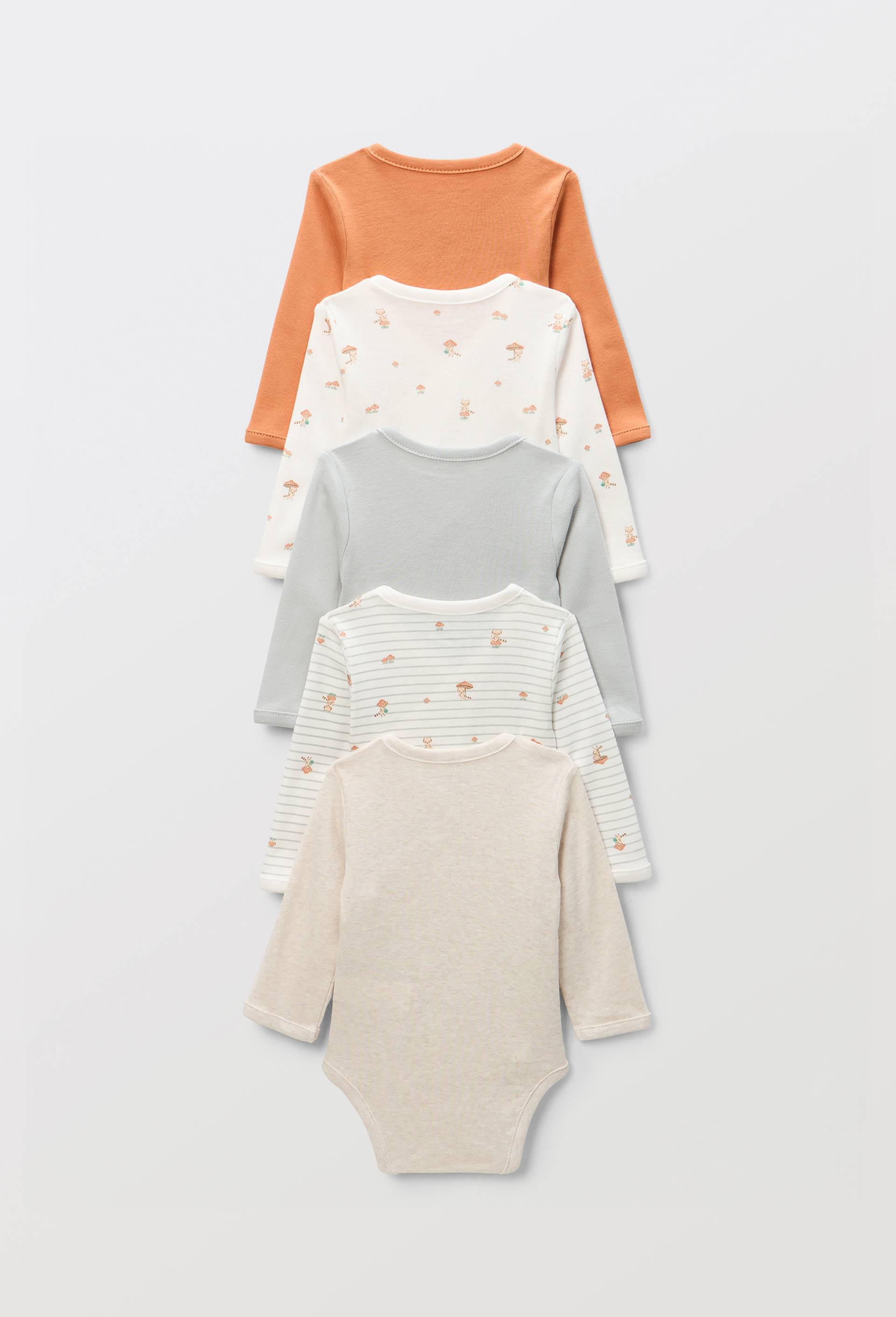 Lot de 5 bodies crois&eacute;s manches longues imprim&eacute; en coton BIO GOTS, Ecru, large image number 1.0
