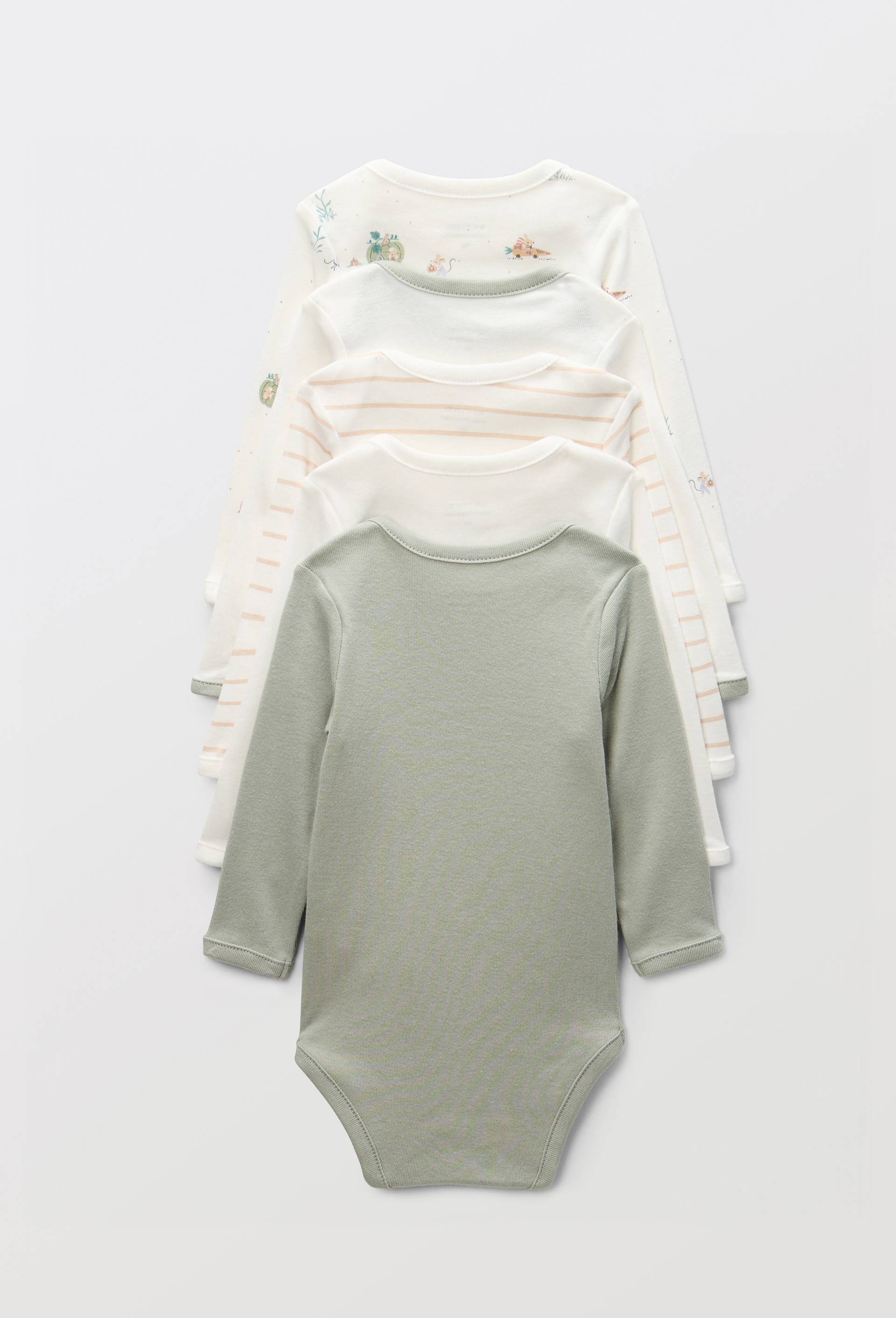 Lot de 5 bodies manches longues imprim&eacute; en coton BIO GOTS, Vert clair, large image number 1.0
