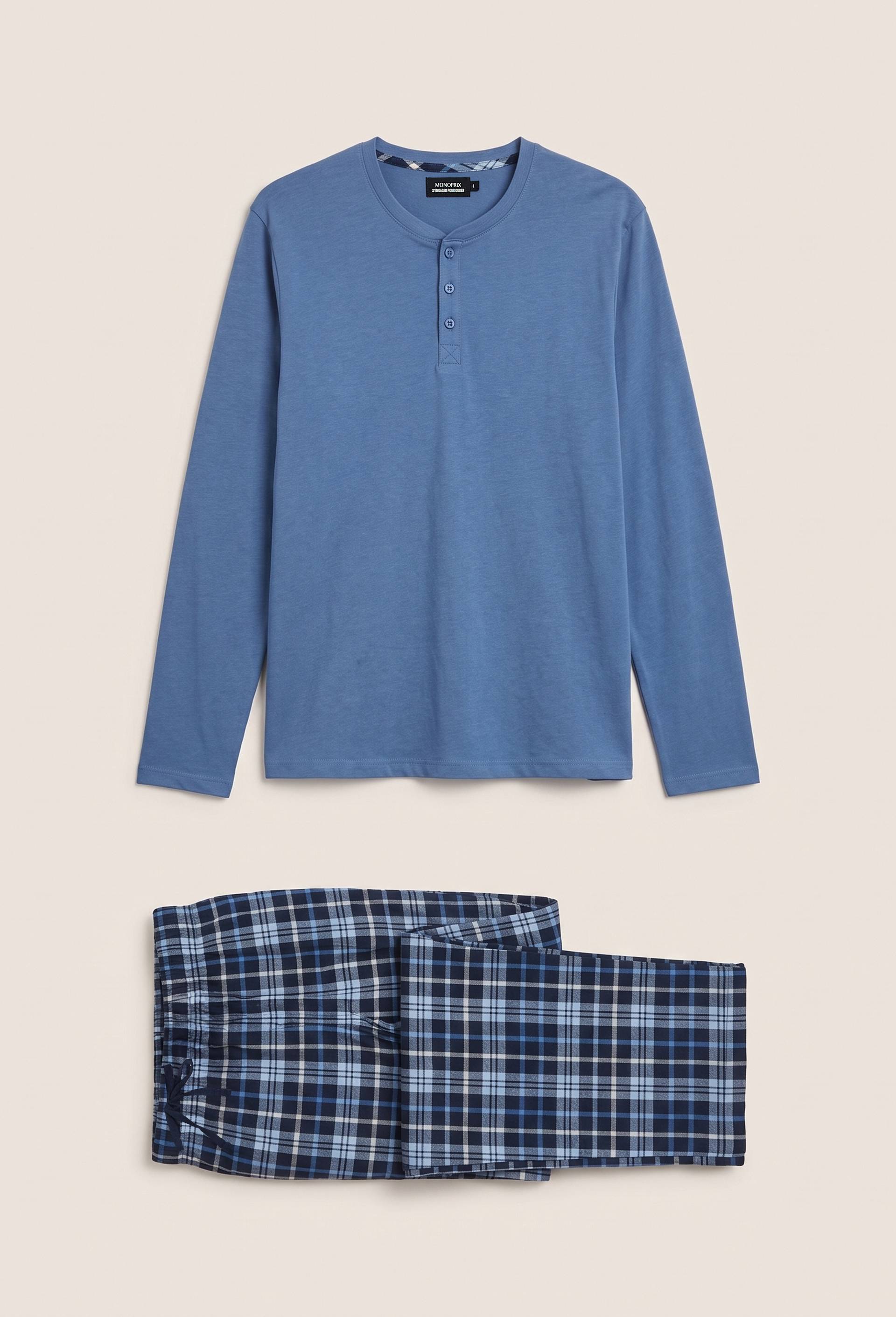 Pyjama manches longues en jersey et pantalon en flanelle en coton, Bleu, large image number 0