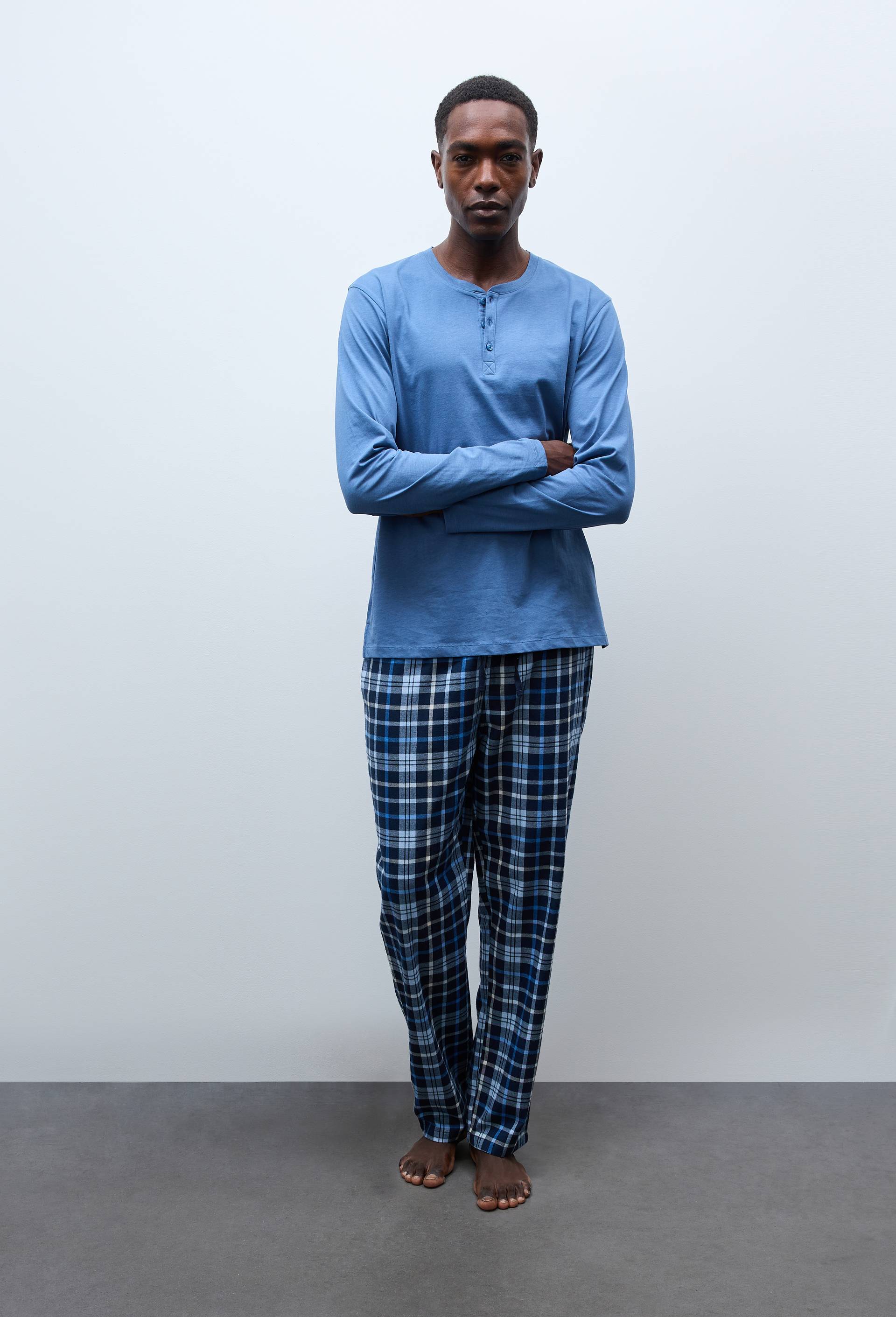 Pyjama manches longues en jersey et pantalon en flanelle en coton, Bleu, large image number 1