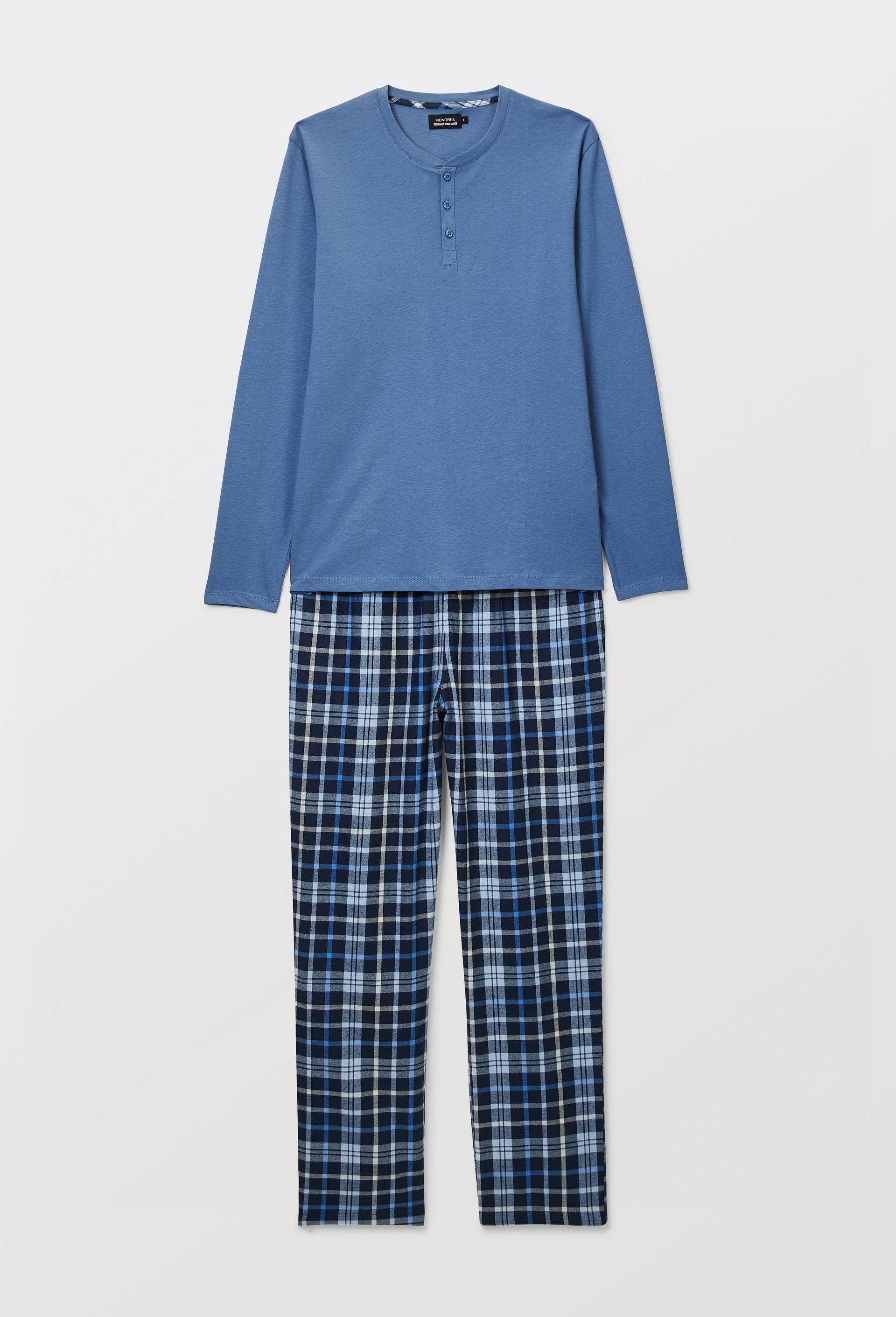 Pyjama manches longues en jersey et pantalon en flanelle en coton, Bleu, large image number 3.0