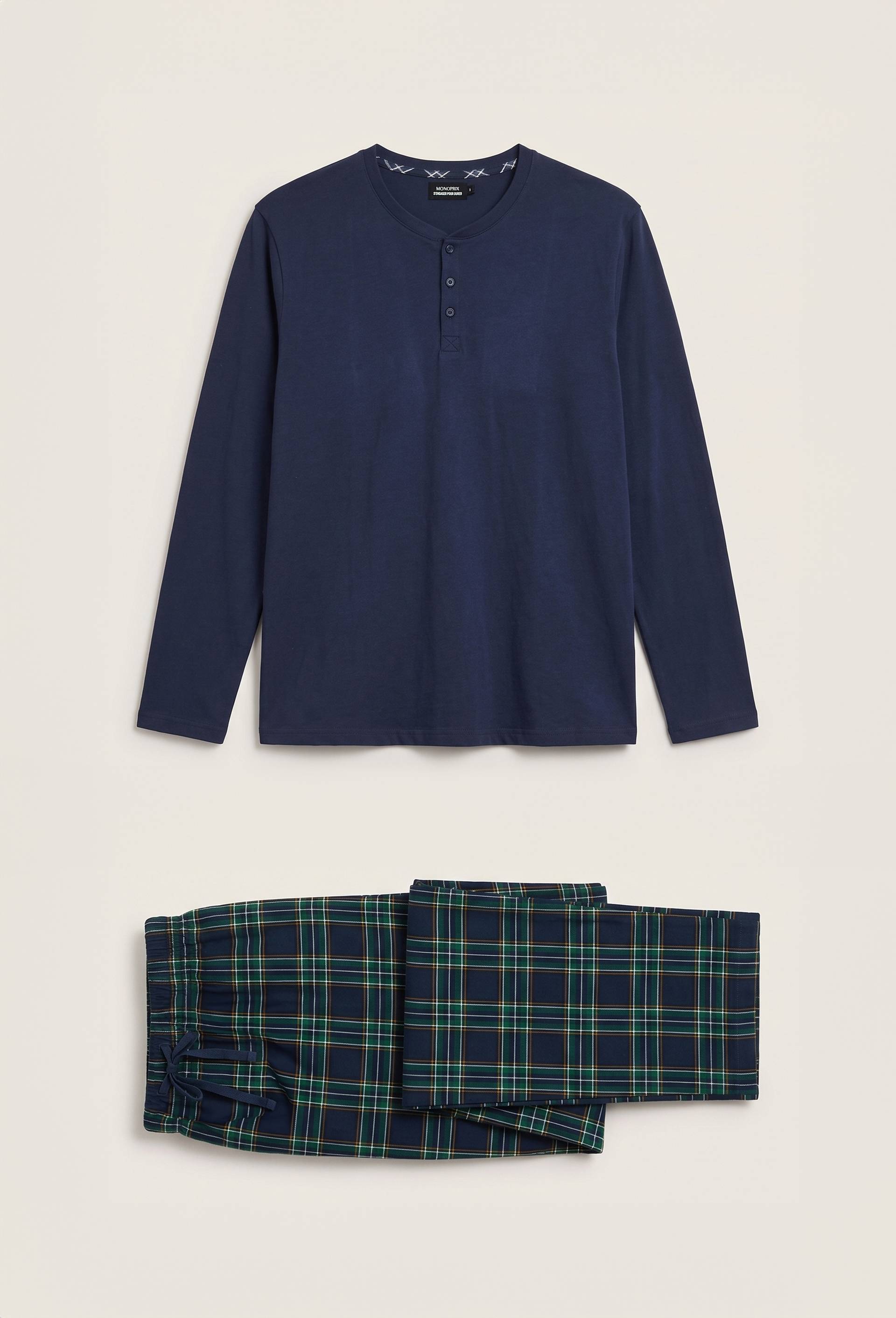 Pyjama manches longues en jersey et pantalon en flanelle en coton, Bleu fonc&eacute;, large image number 0.0