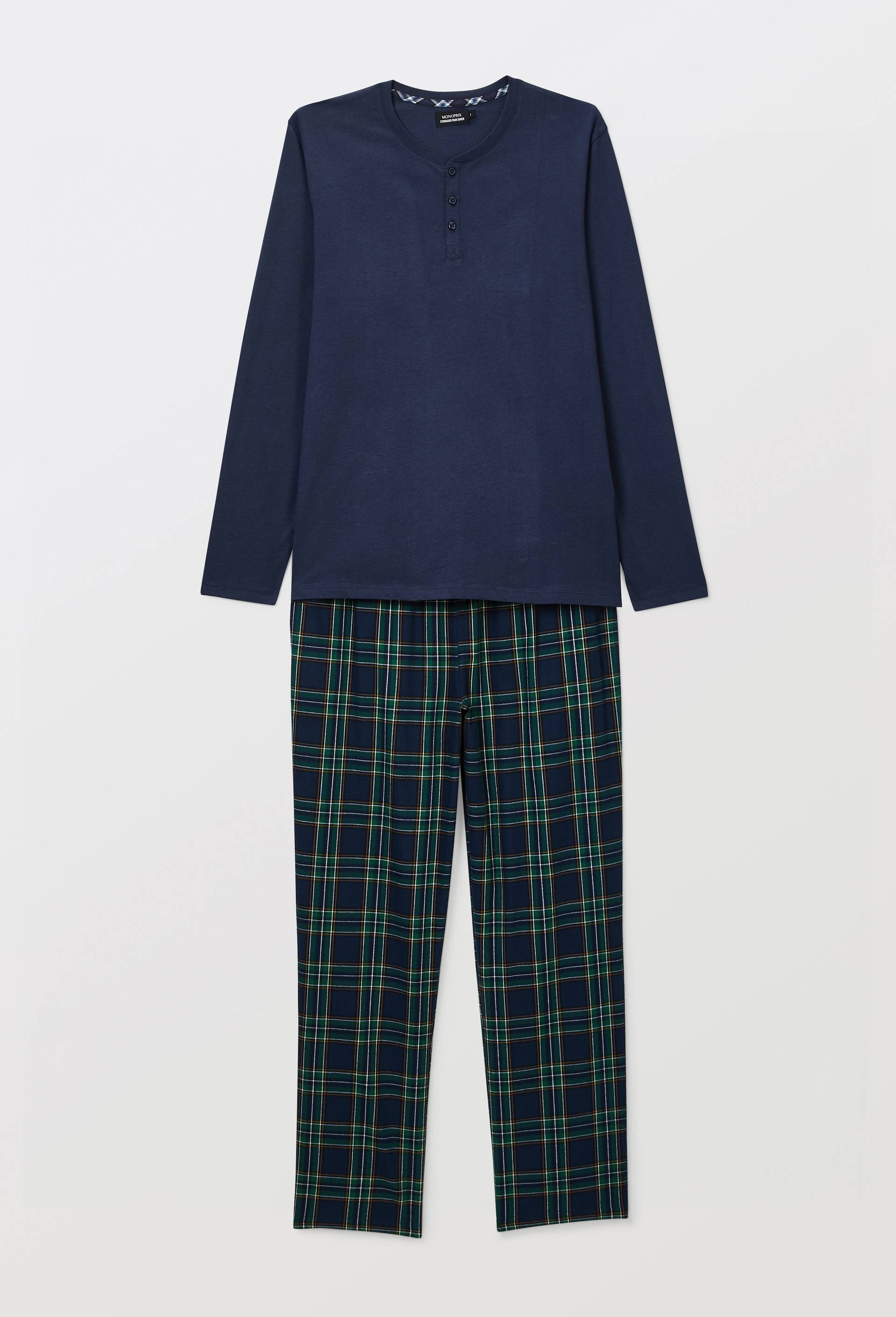 Pyjama manches longues en jersey et pantalon en flanelle en coton, Bleu fonc&eacute;, large image number 3