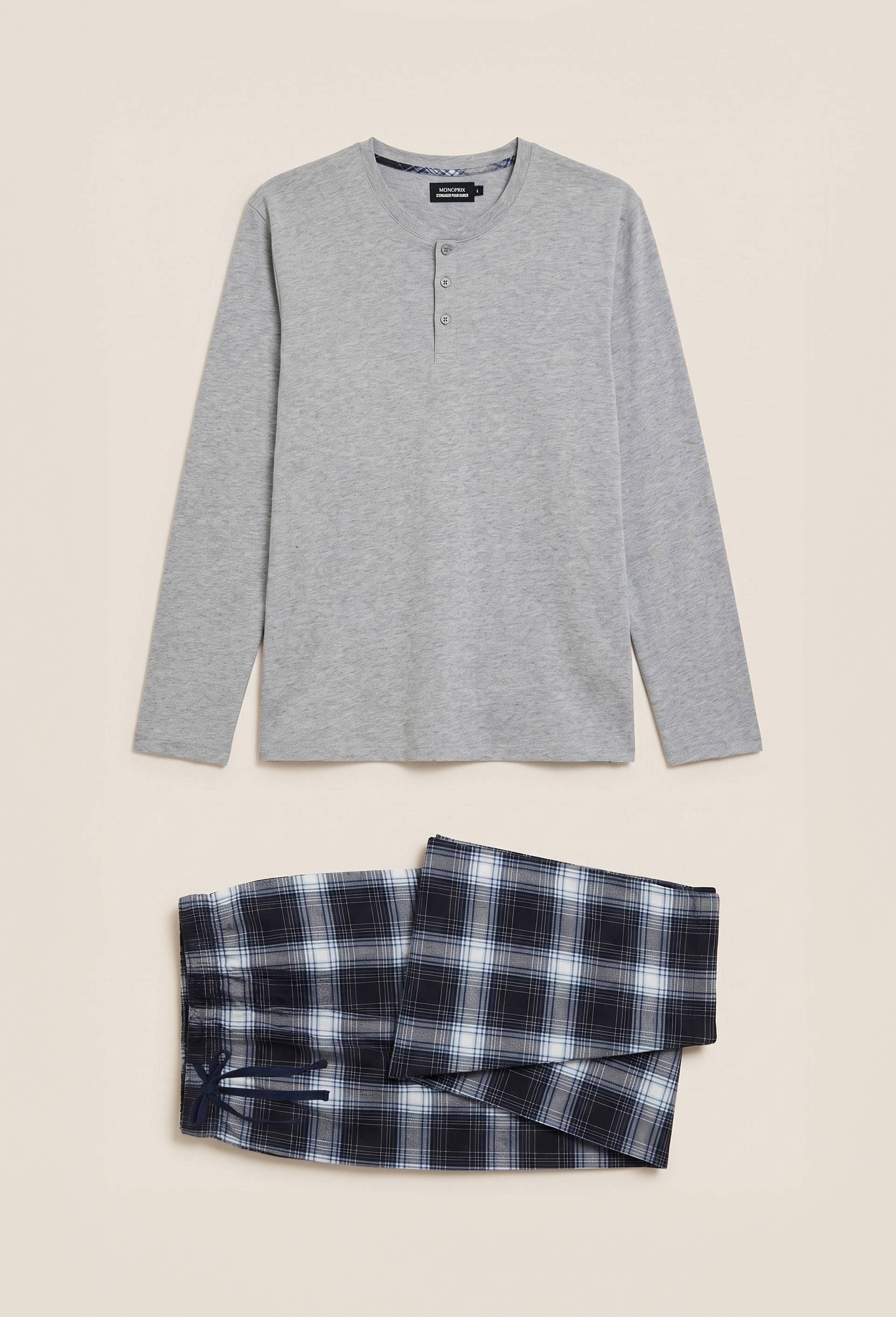 Pyjama manches longues en jersey et pantalon en flanelle en coton, Gris, large image number 0