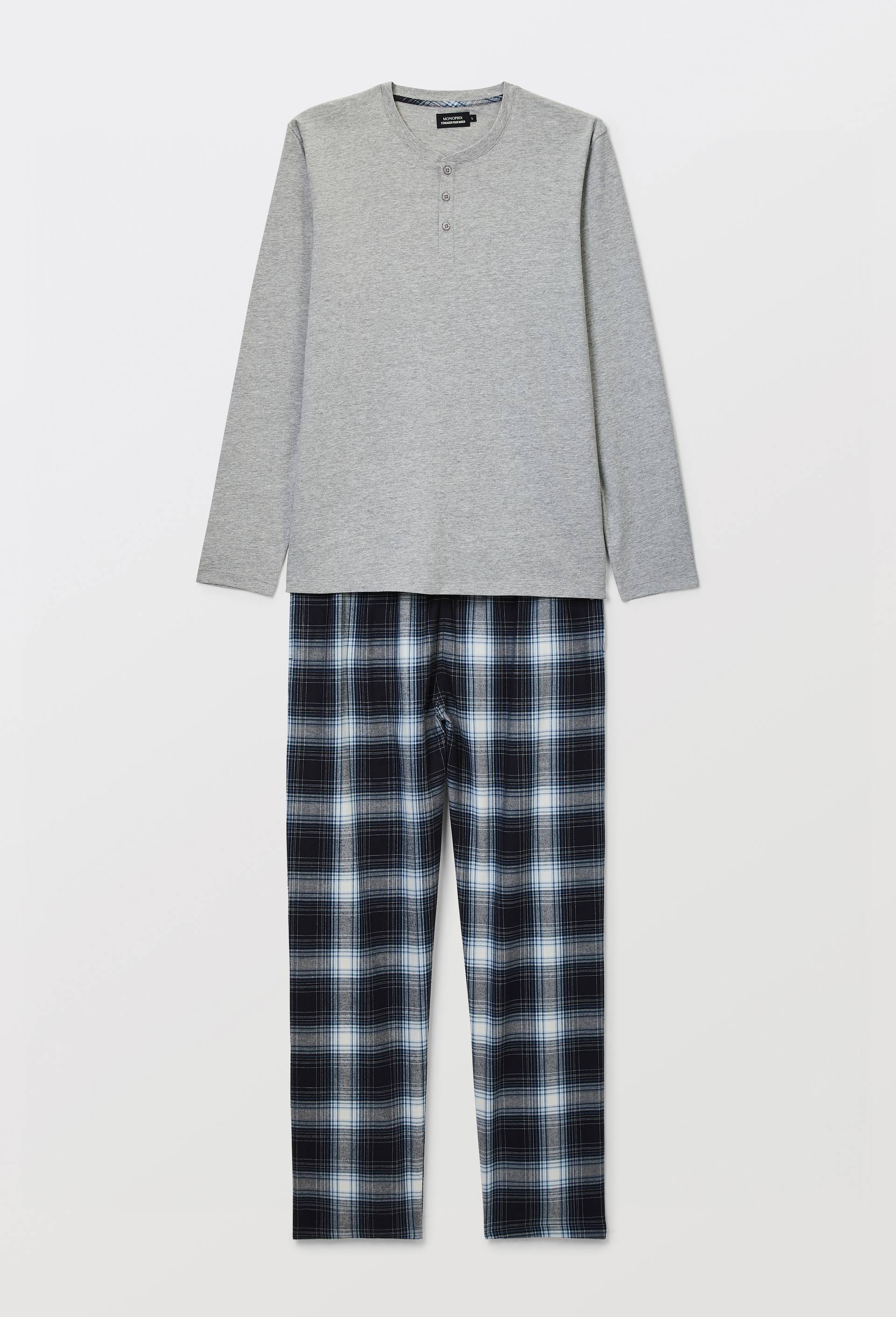 Pyjama manches longues en jersey et pantalon en flanelle en coton, Gris, large image number 3.0