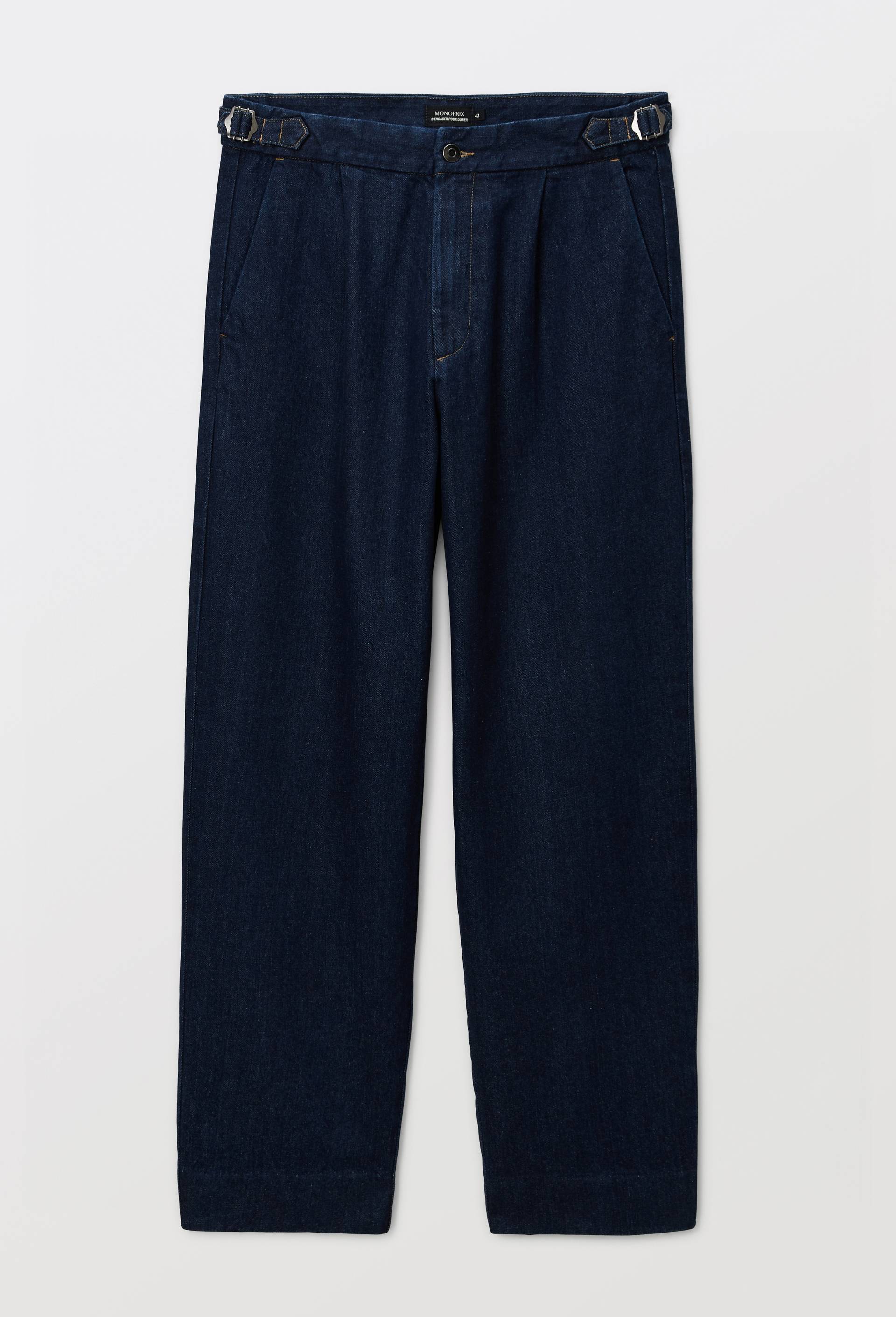 Jean droit &agrave; pinces en coton, Bleu fonc&eacute;, large image number 3