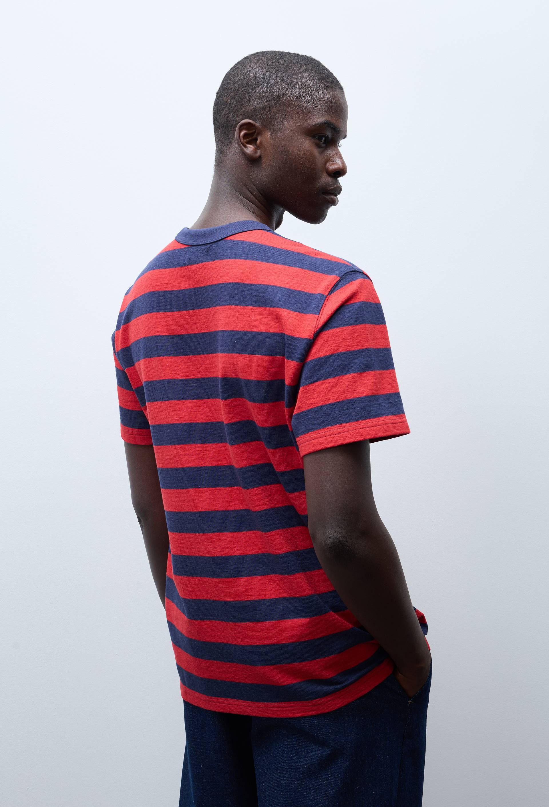 T-shirt manches courtes interlock ray&eacute;es en coton BIO GOTS, Bleu fonc&eacute;, large image number 1