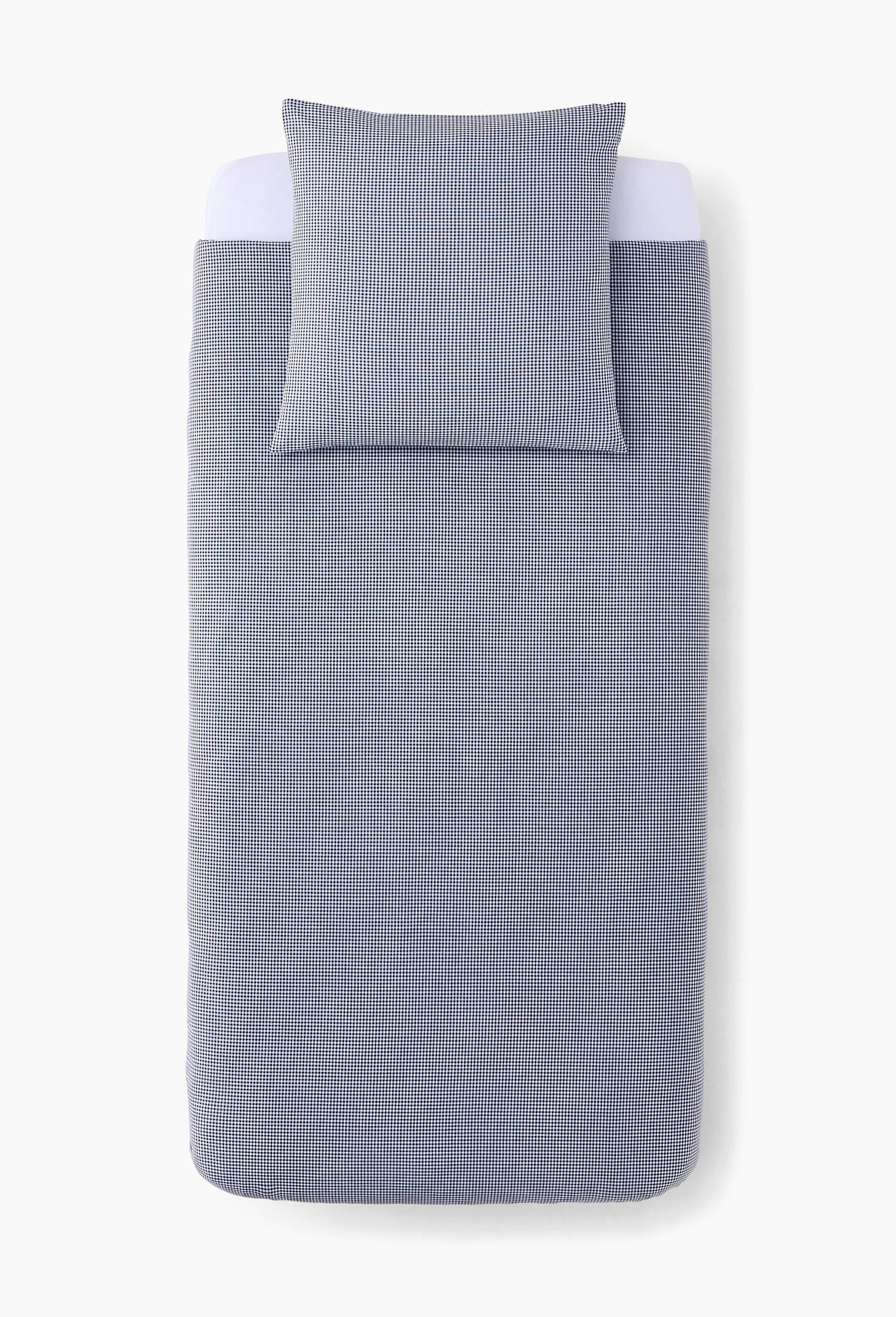 Lot housse de couette et une taie carr&eacute;e vichy uni tiss&eacute; teint, 100% coton bio, finition bouteille, Gots et OEKOTEX, Bleu fonc&eacute;, large image number 1.0