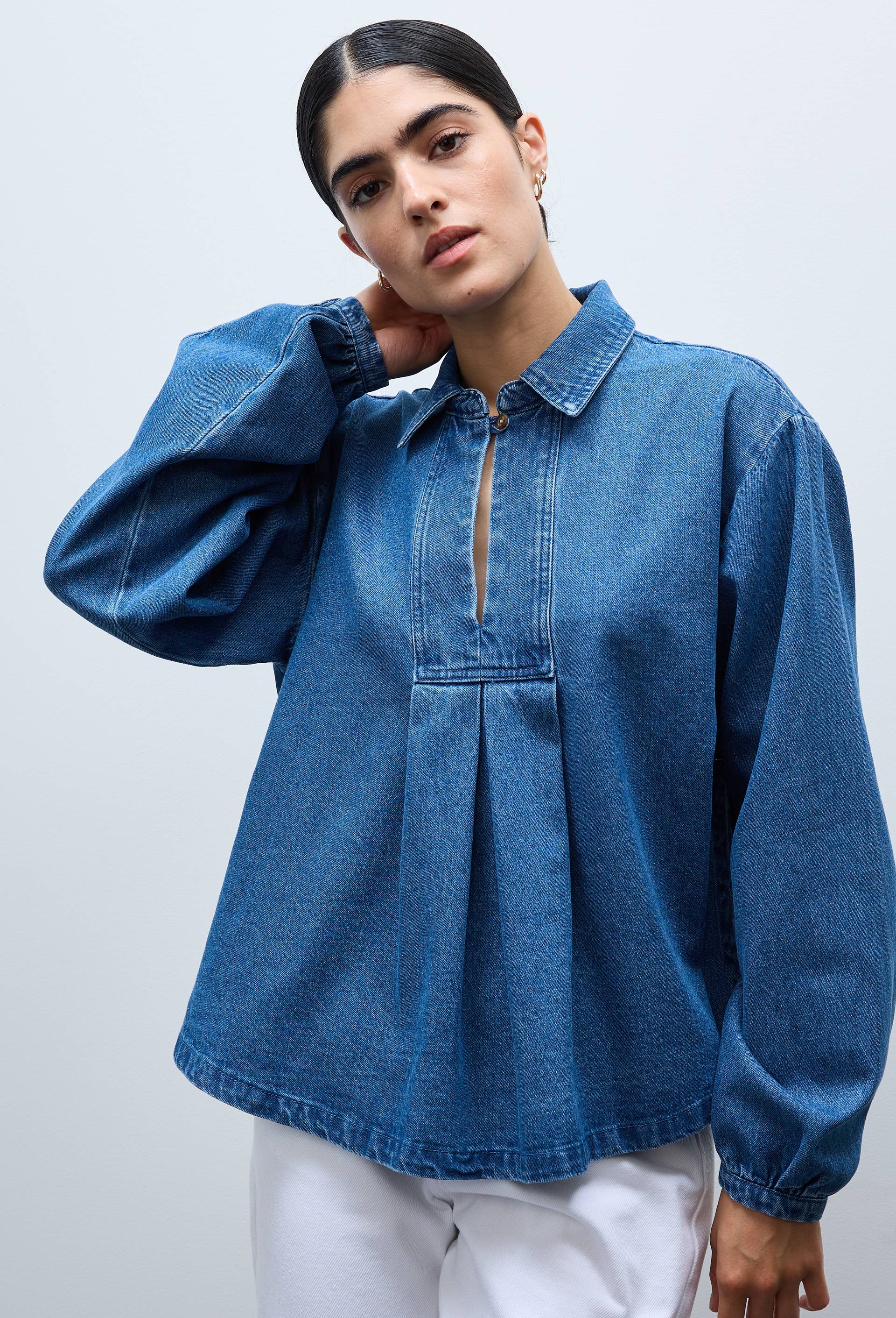 Blouse manches longues unie en jean en coton BIO GOTS, Bleu fonc&eacute;, large image number 0.0