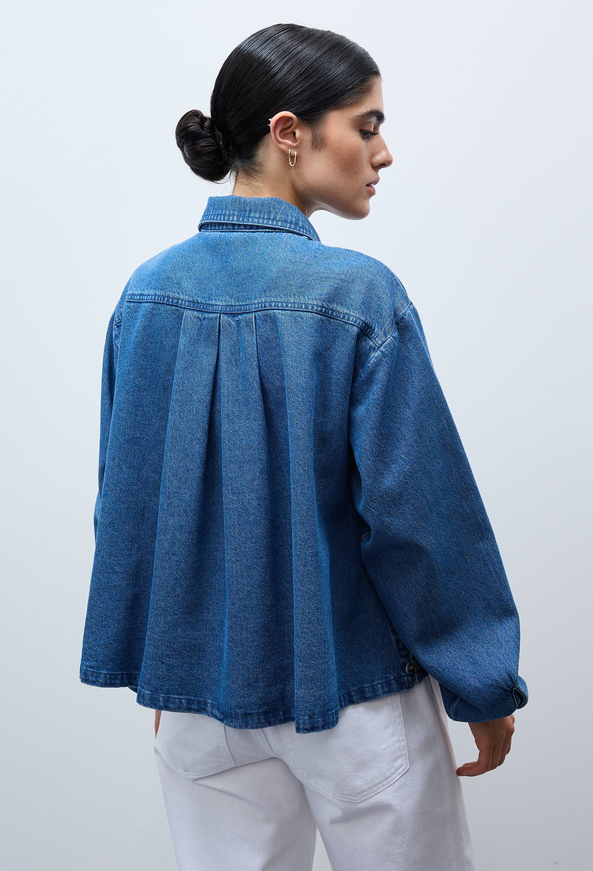 Blouse manches longues unie en jean en coton BIO GOTS, Bleu fonc&eacute;, large image number 1
