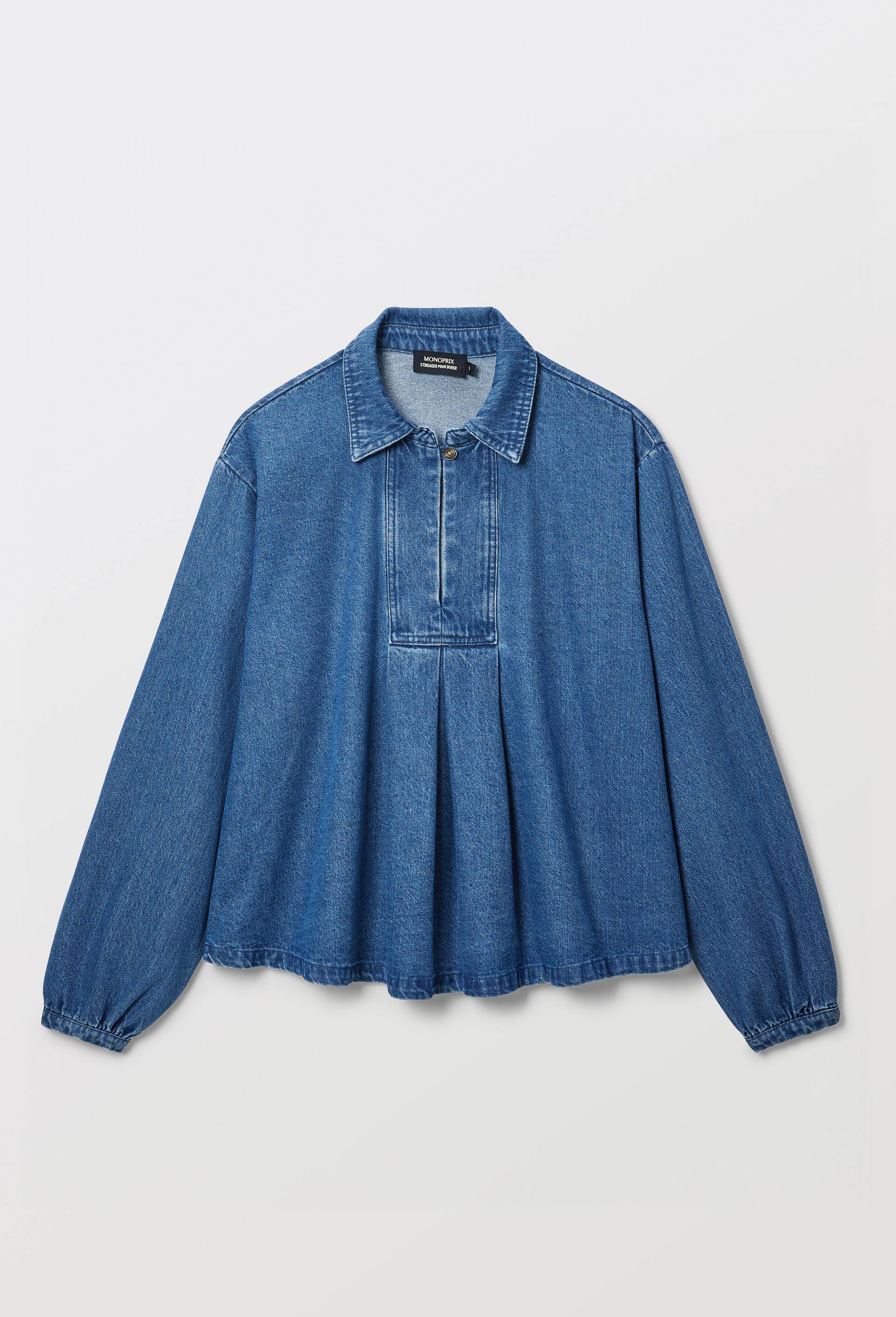 Blouse manches longues unie en jean en coton BIO GOTS, Bleu fonc&eacute;, large image number 3.0