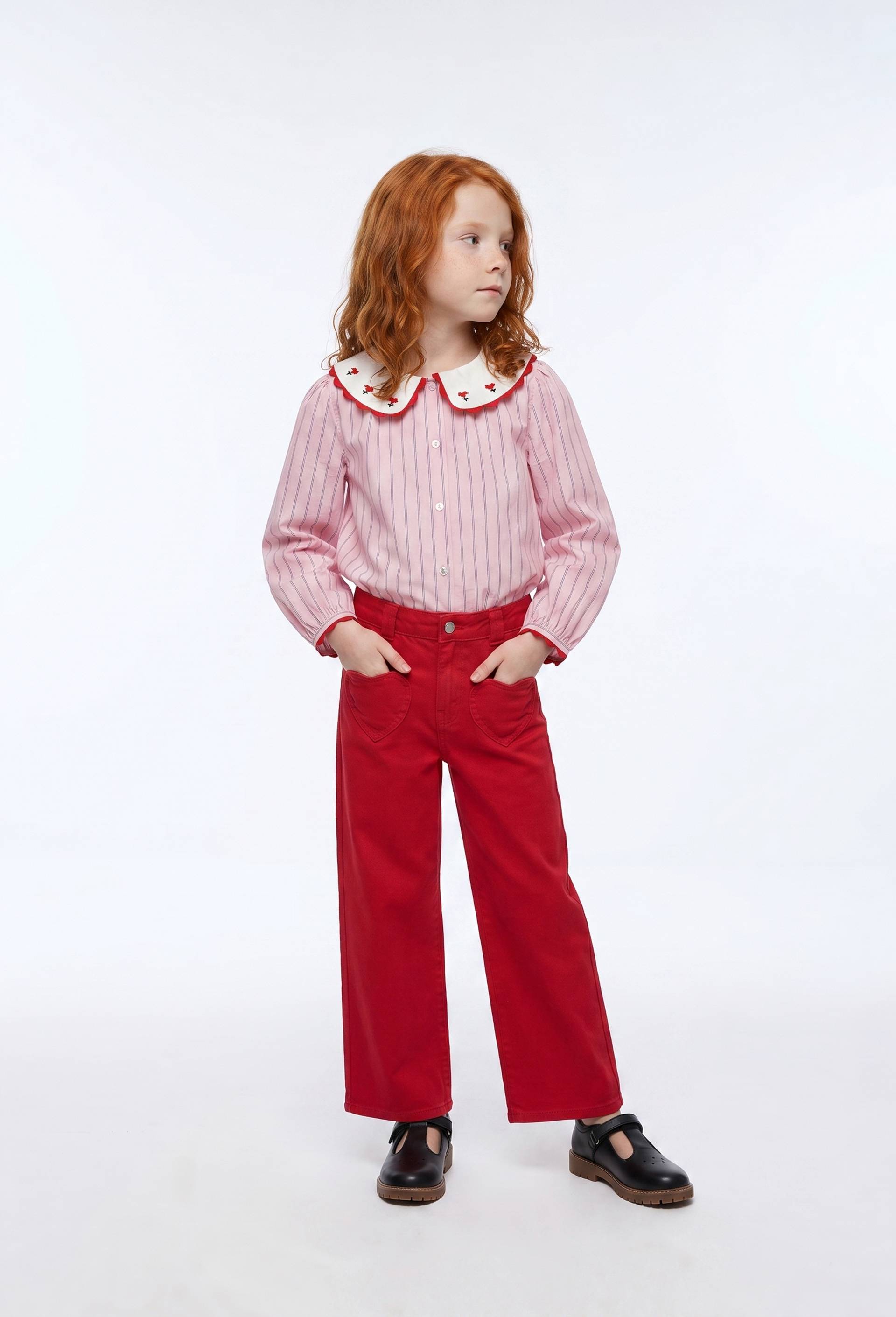 Chemise ray&eacute;e col claudine brod&eacute;, Rose, large