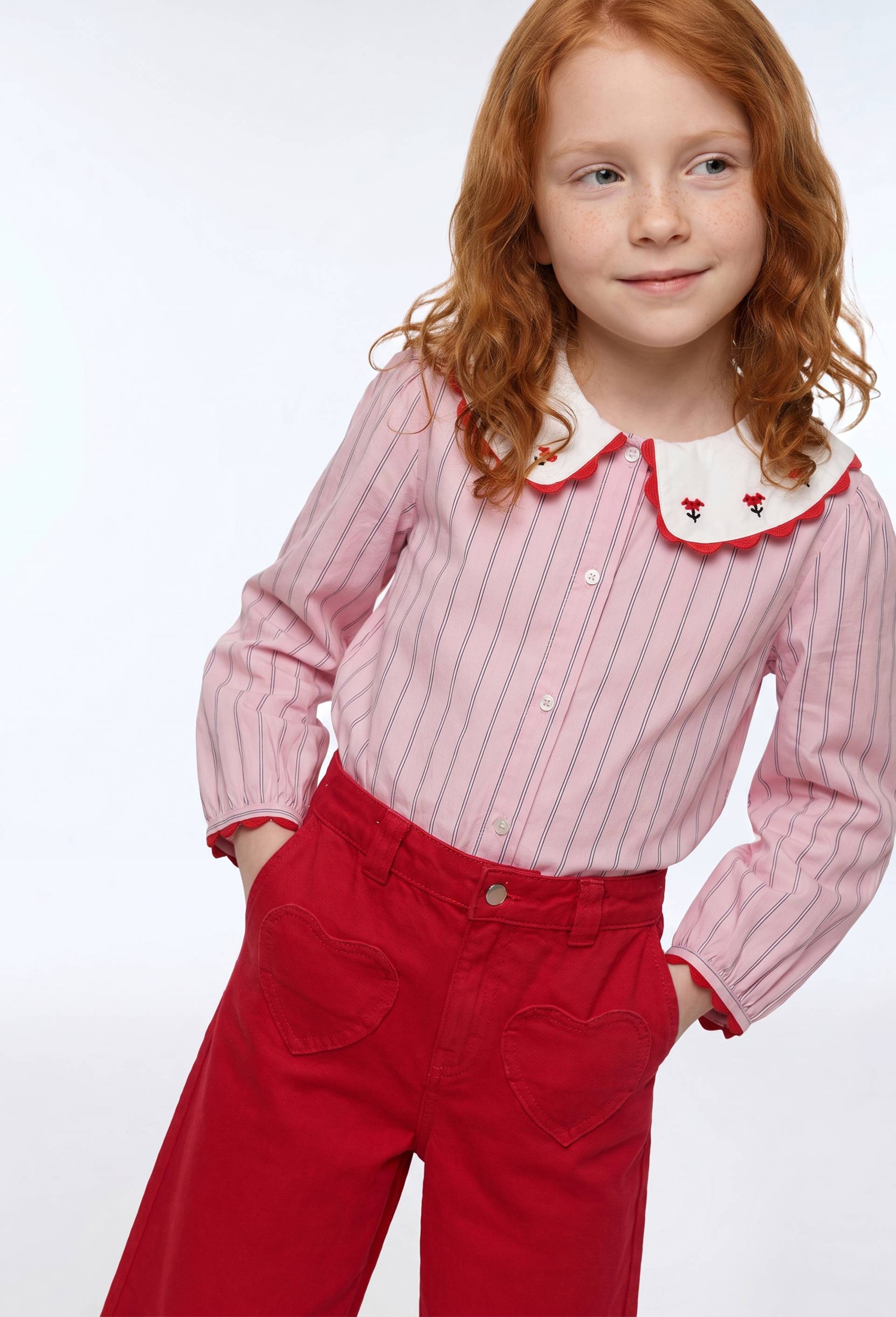 Chemise ray&eacute;e col claudine brod&eacute;, Rose, large