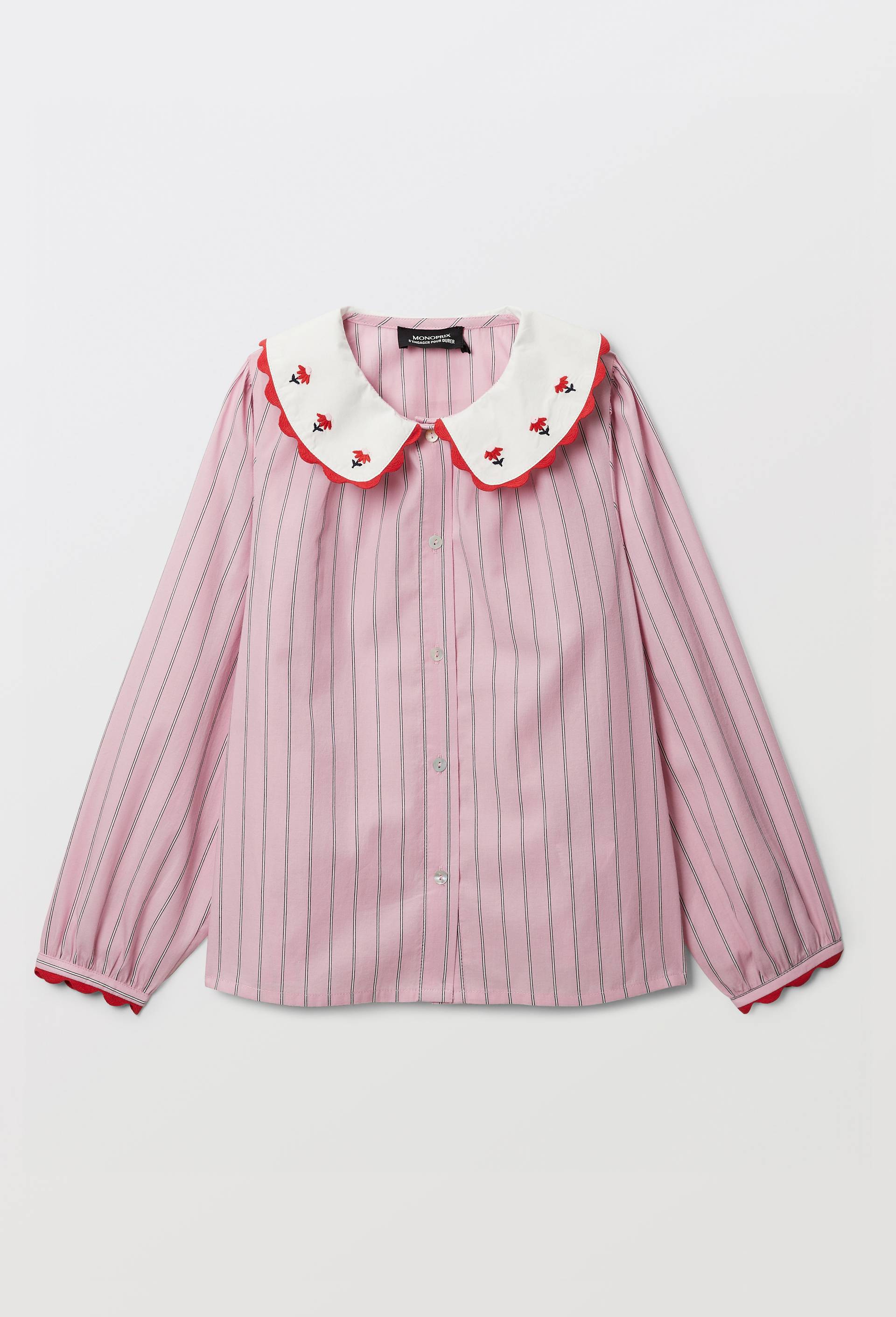 Chemise ray&eacute;e col claudine brod&eacute;, Rose, large