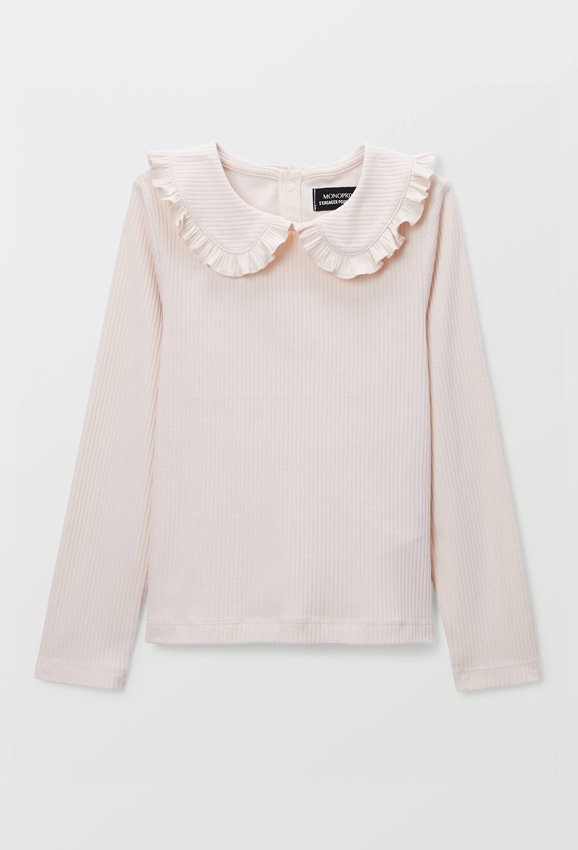 T-shirt manches longues uni col claudine en coton, Beige clair, large image number 1.0