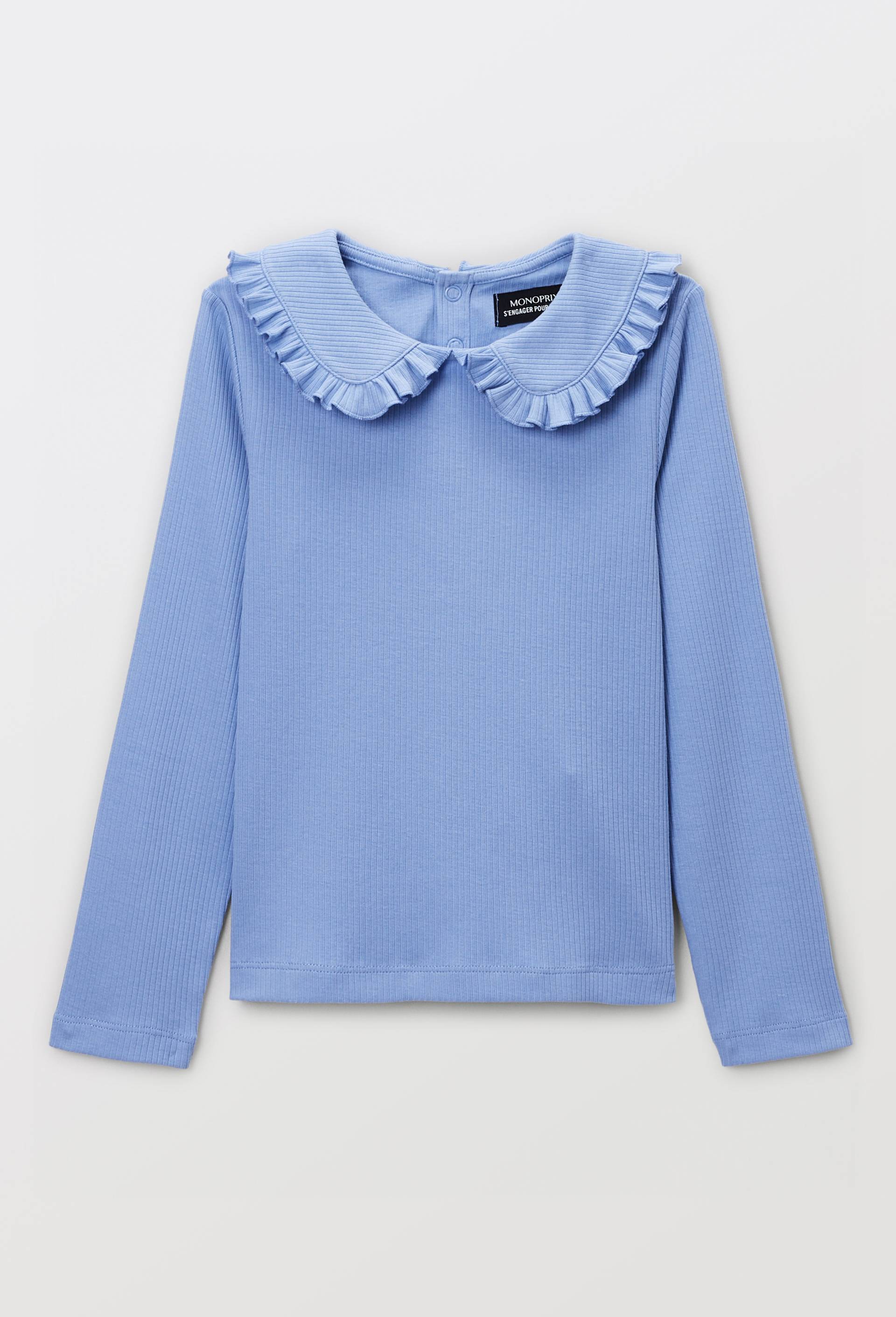 T-shirt manches longues uni col claudine en coton, Bleu, large image number 2