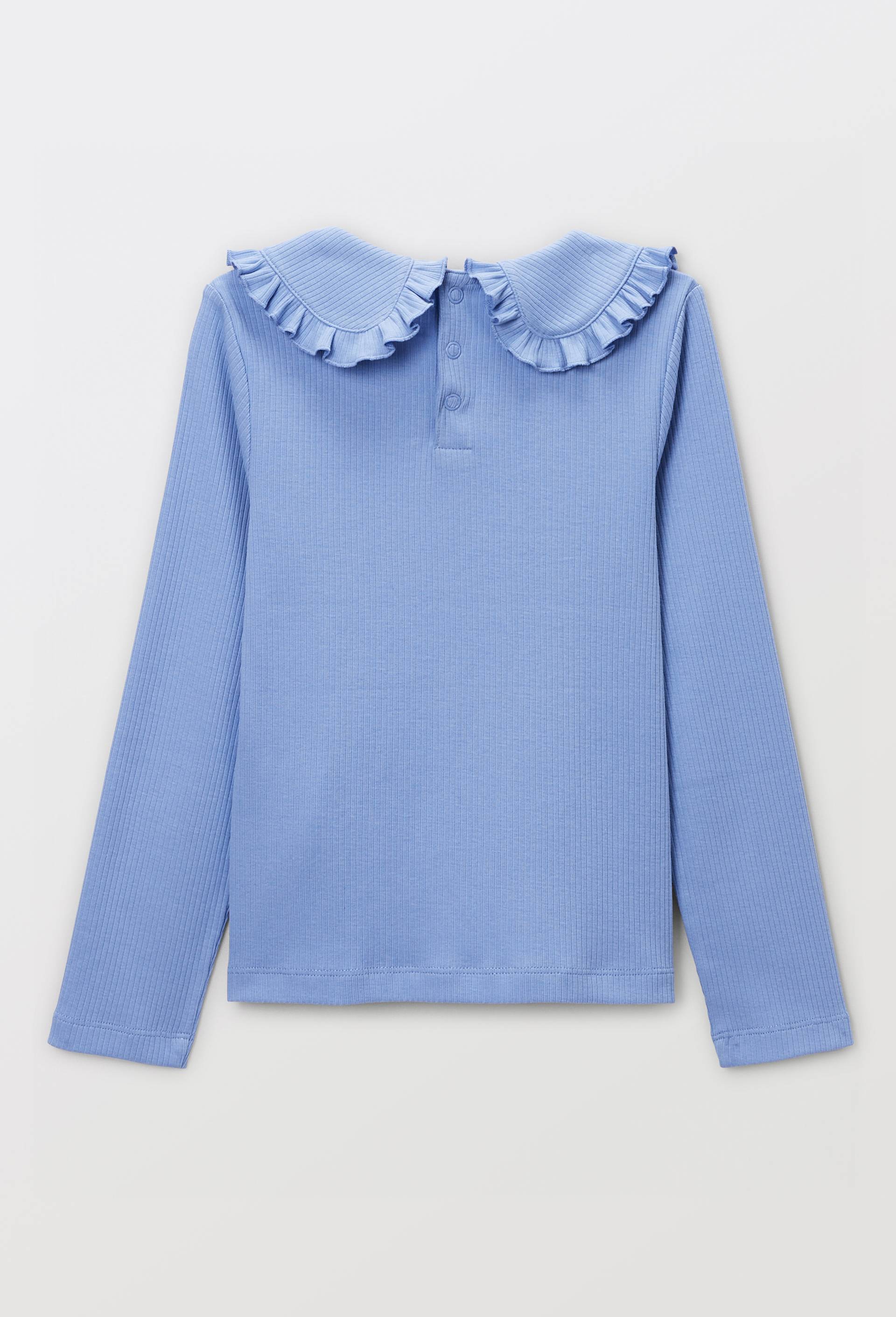 T-shirt manches longues uni col claudine en coton, Bleu, large image number 3