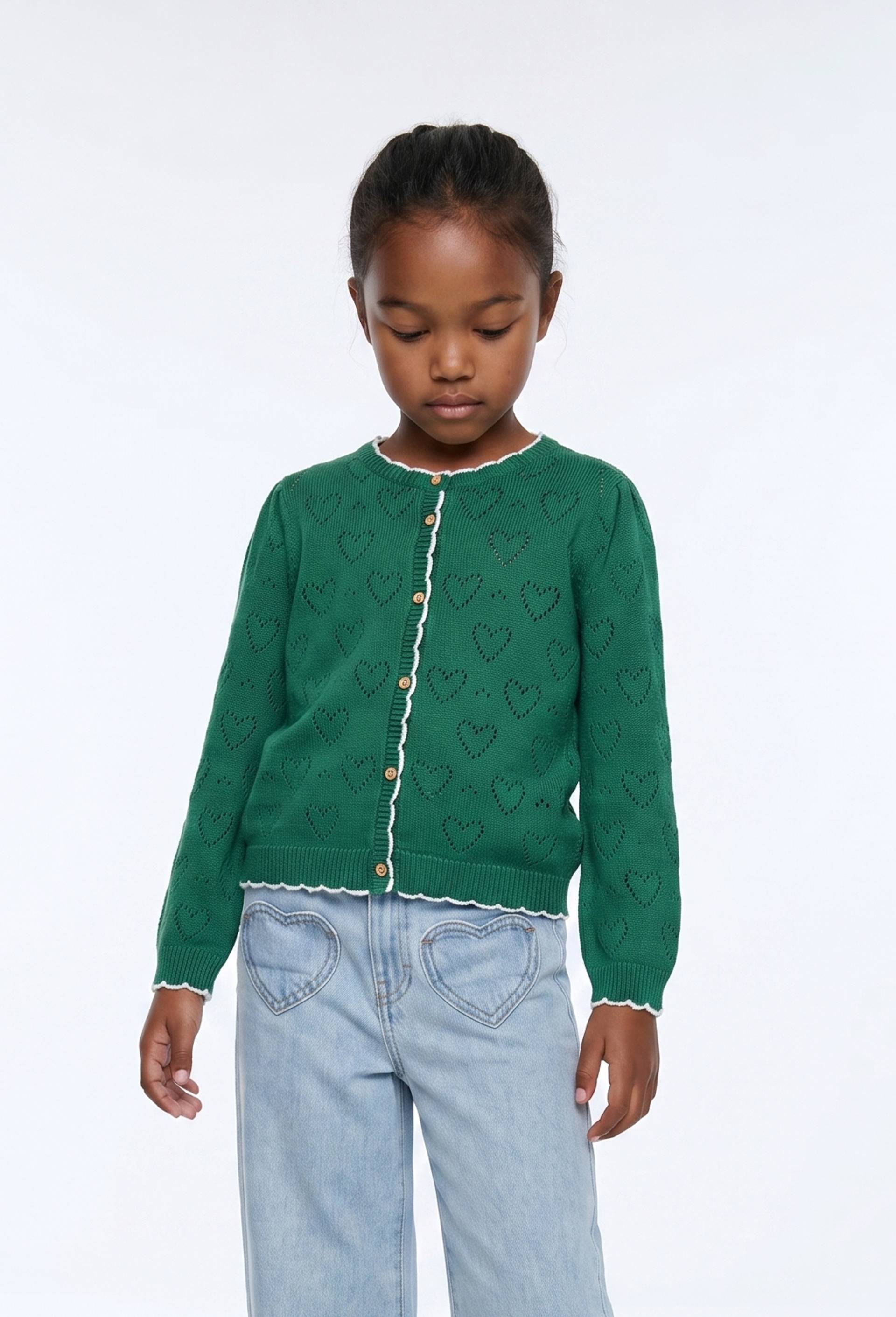 Cardigan uni ajour&eacute; en coton, Vert, swatch image