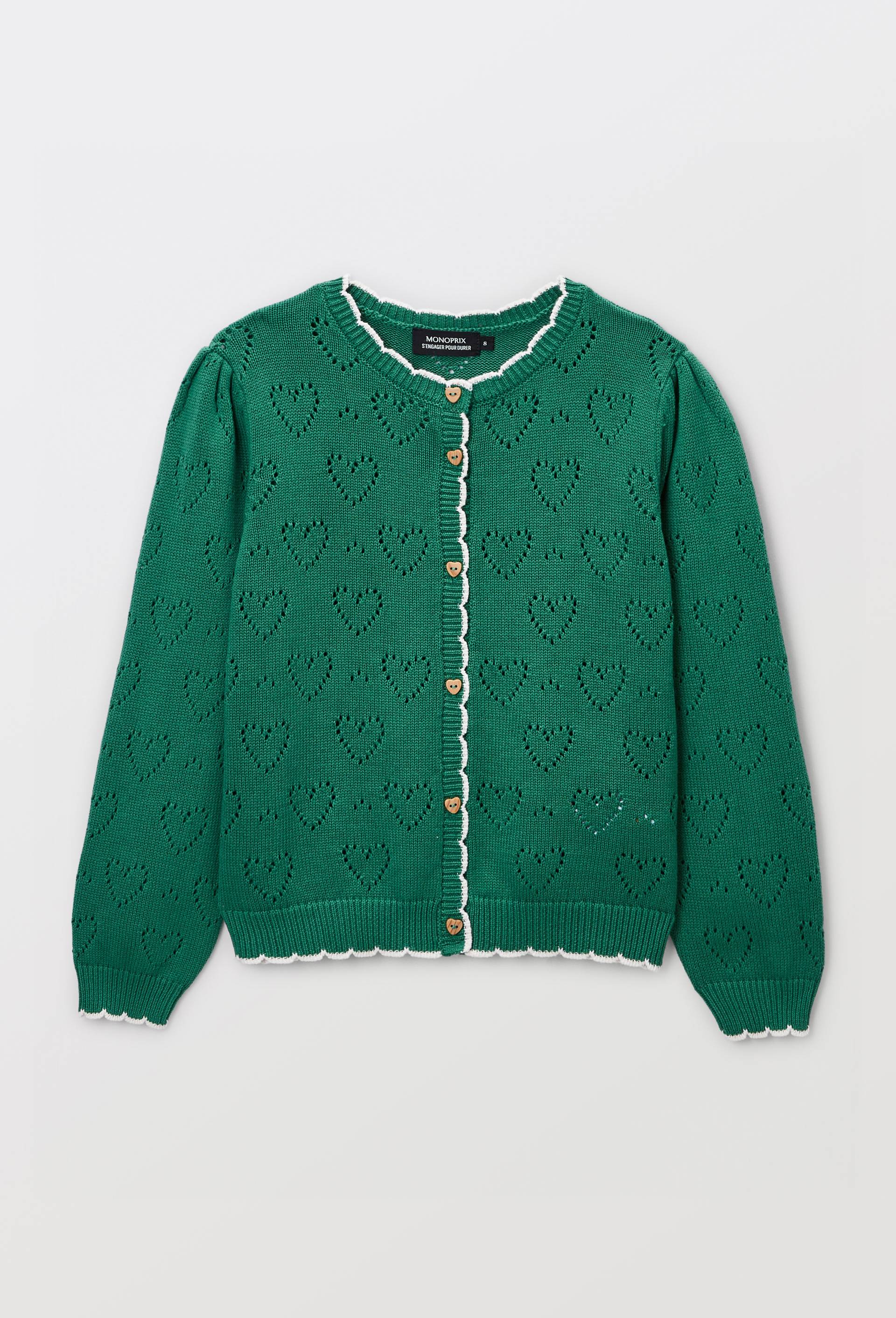 Cardigan uni ajour&eacute; en coton, Vert, large image number 1.0