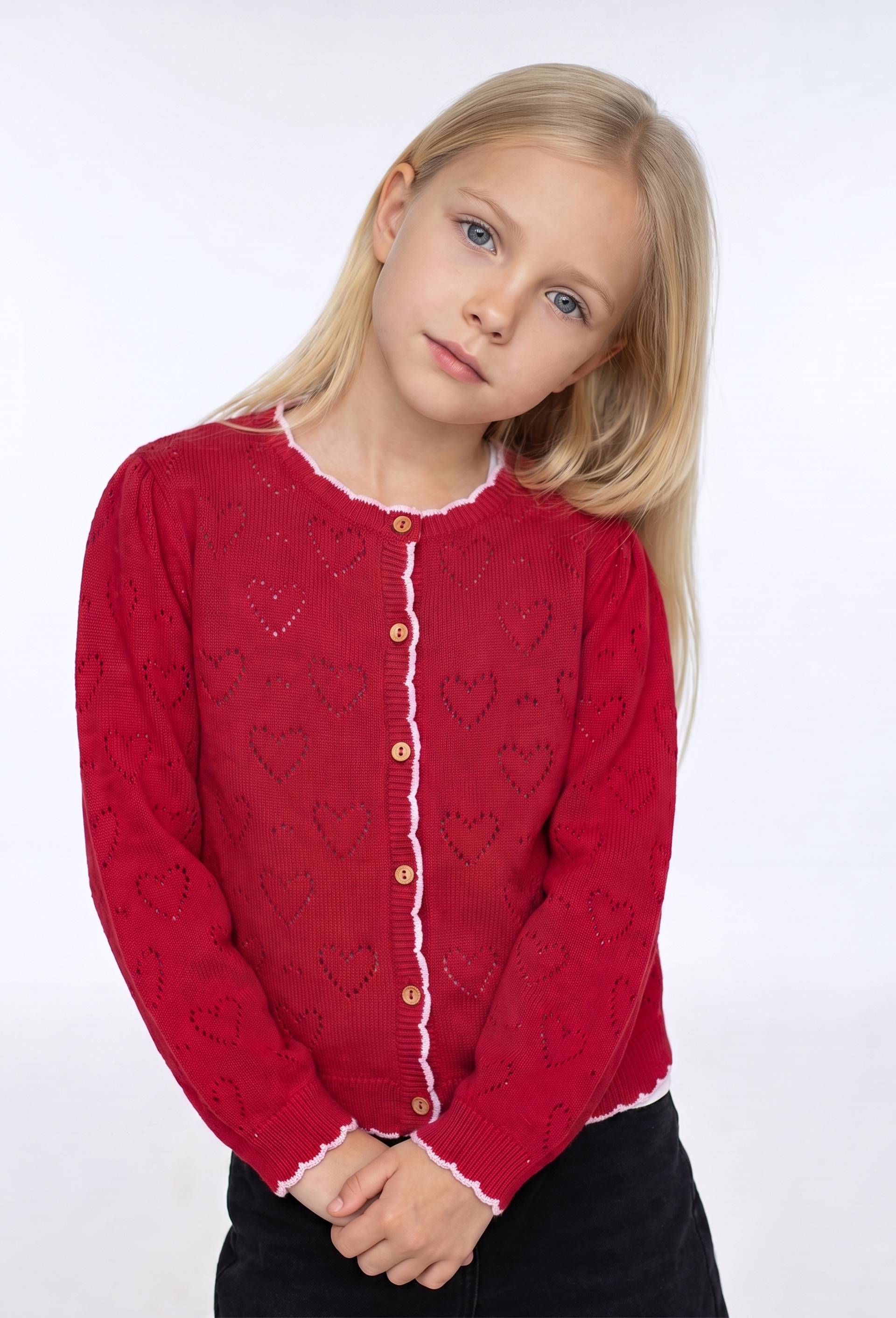 Cardigan uni ajour&eacute; en coton, Rouge, large image number 0
