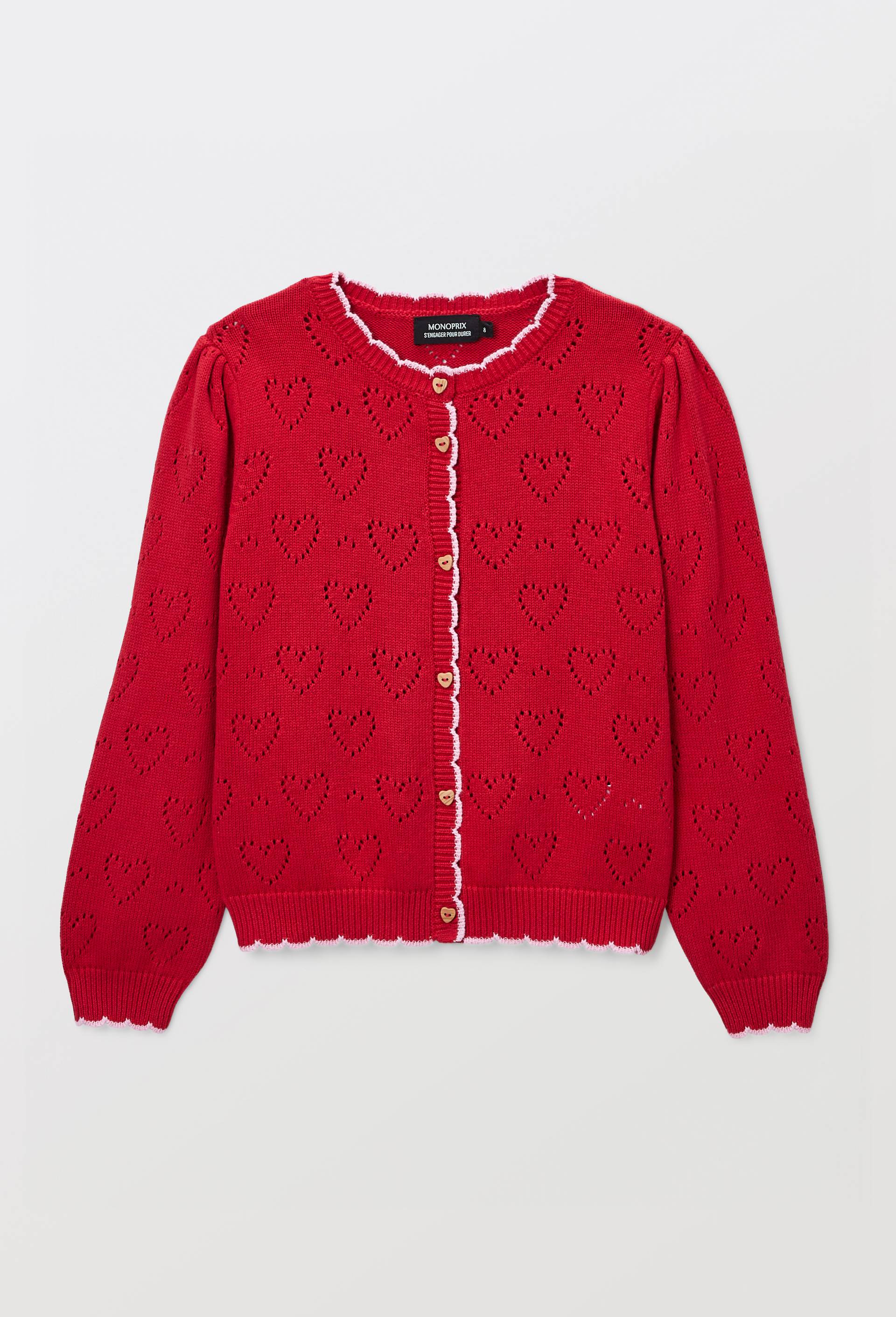 Cardigan uni ajour&eacute; en coton, Rouge, large image number 1
