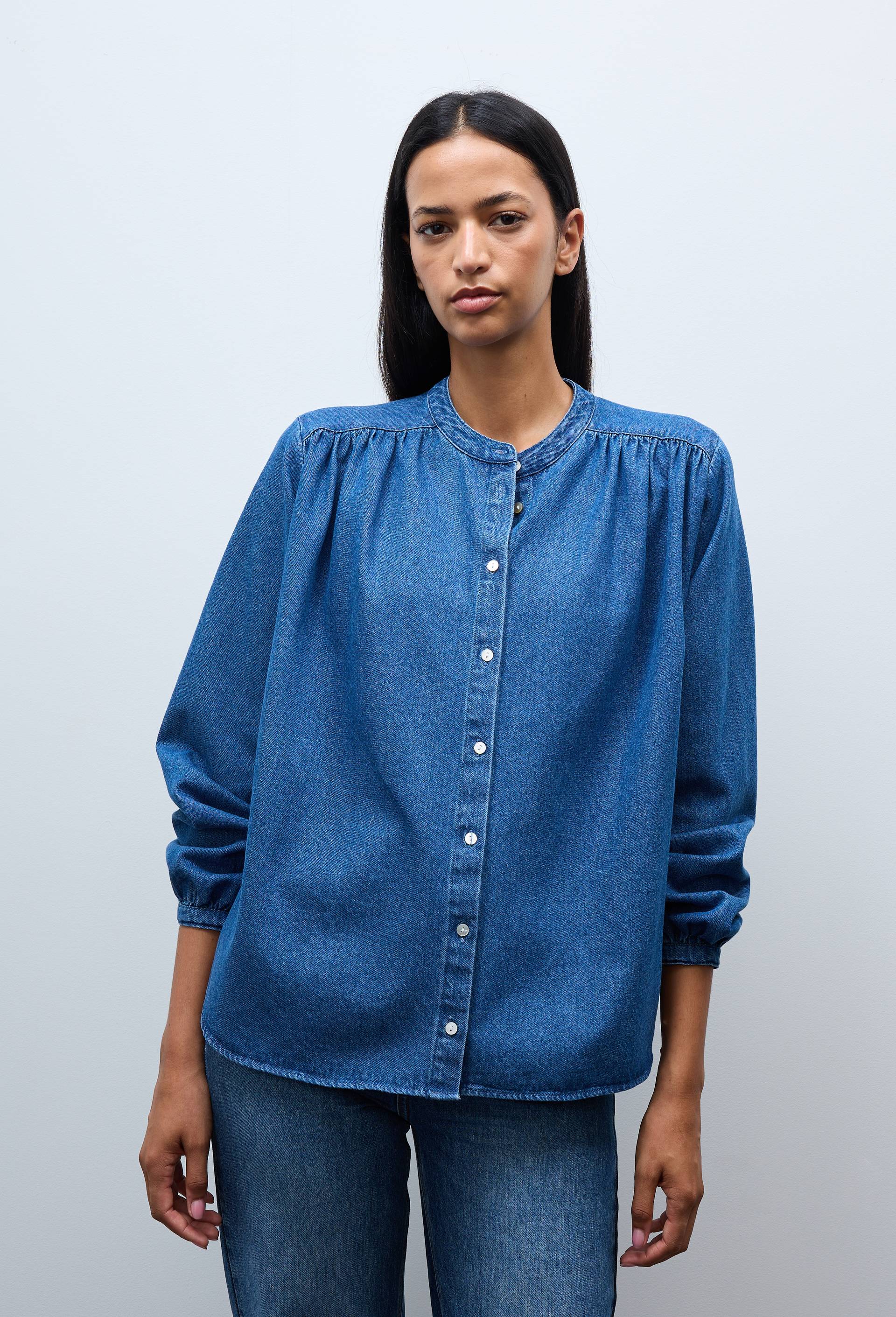 Blouse manches longues jean en coton BIO GOTS, Bleu fonc&eacute;, large image number 0.0