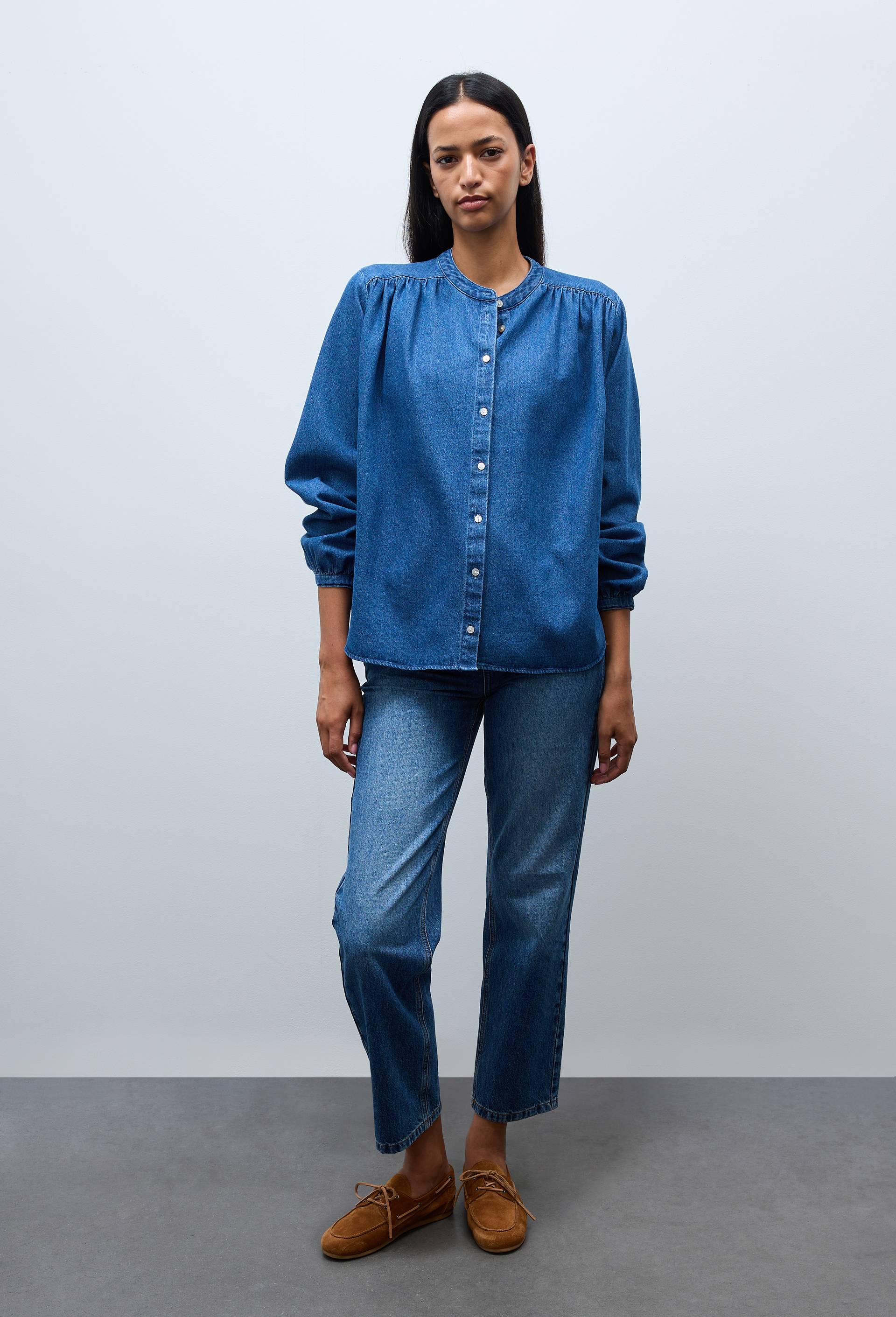 Blouse manches longues jean en coton BIO GOTS, Bleu fonc&eacute;, large image number 1.0