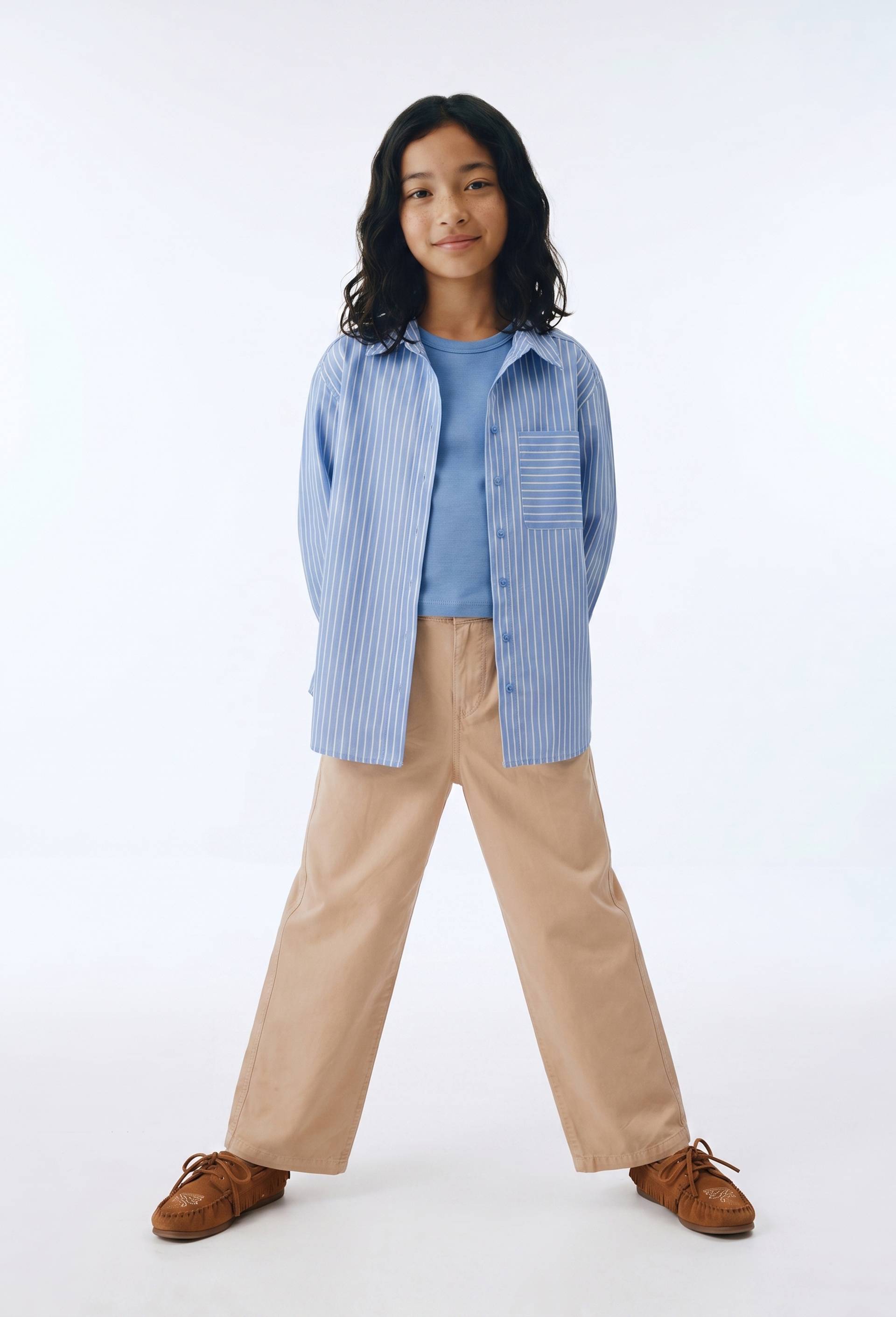 Chemise ray&eacute;e et t-shirt crop, Bleu, large