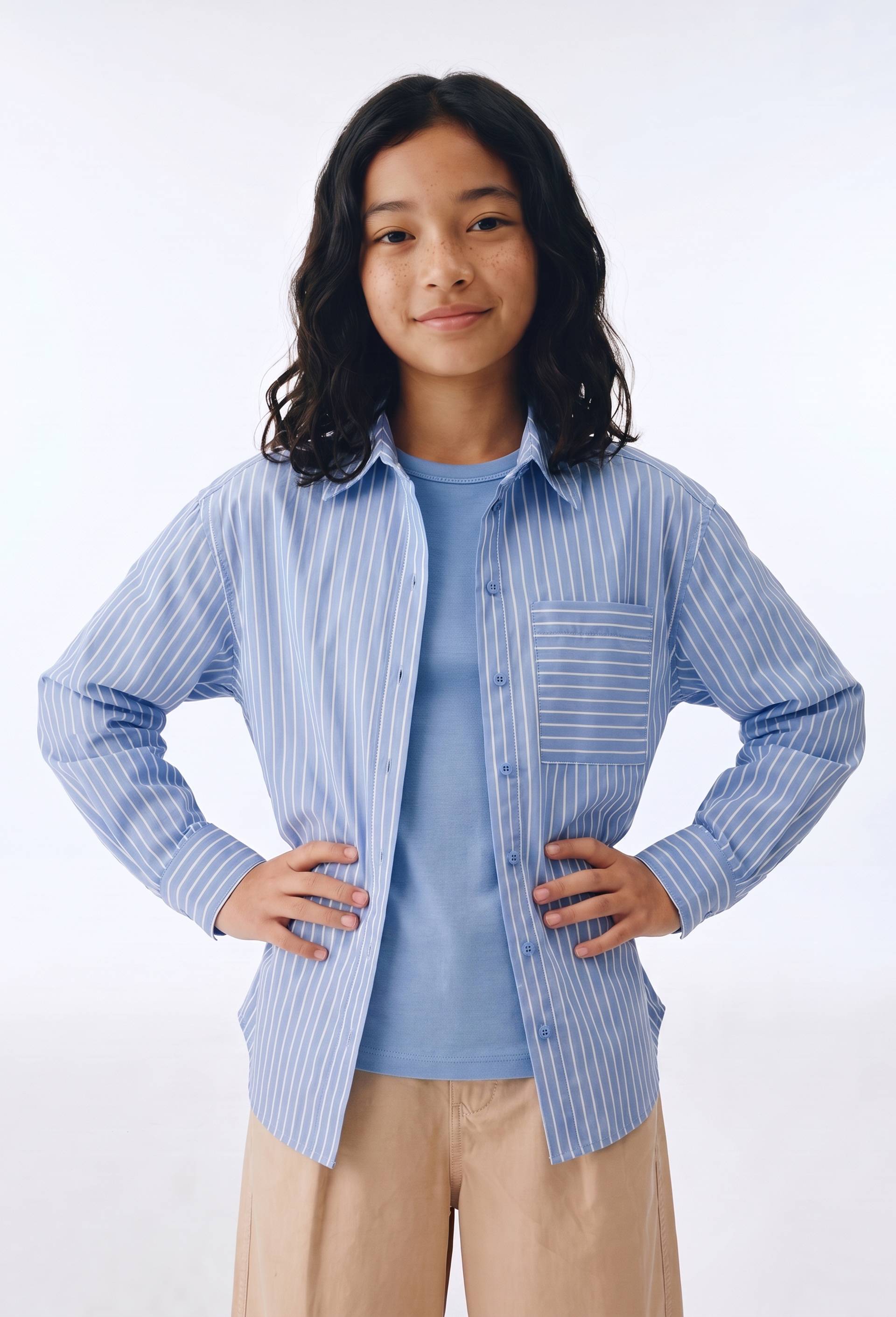 Chemise ray&eacute;e et t-shirt crop, Bleu, large