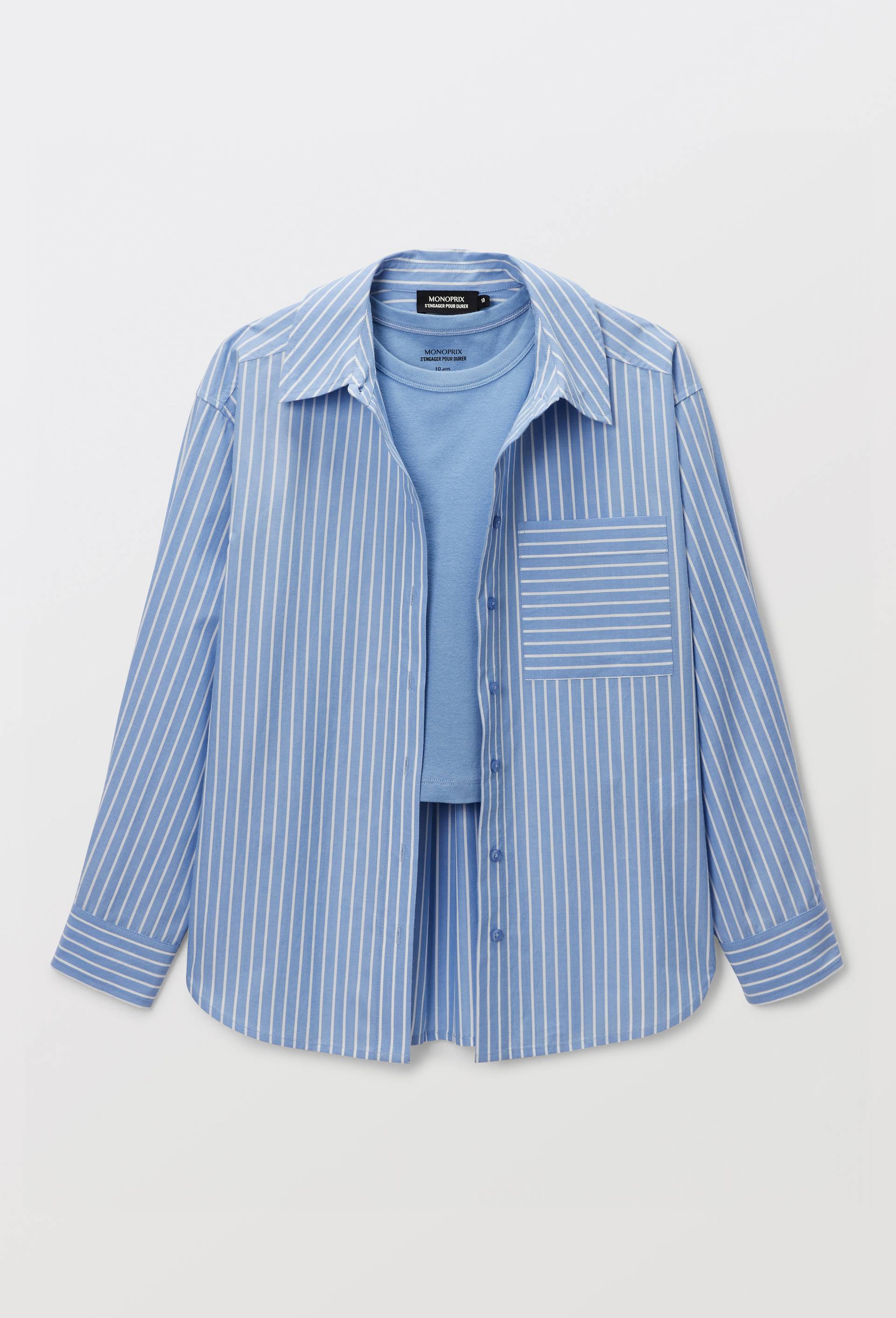 Chemise ray&eacute;e et t-shirt crop, Bleu, large