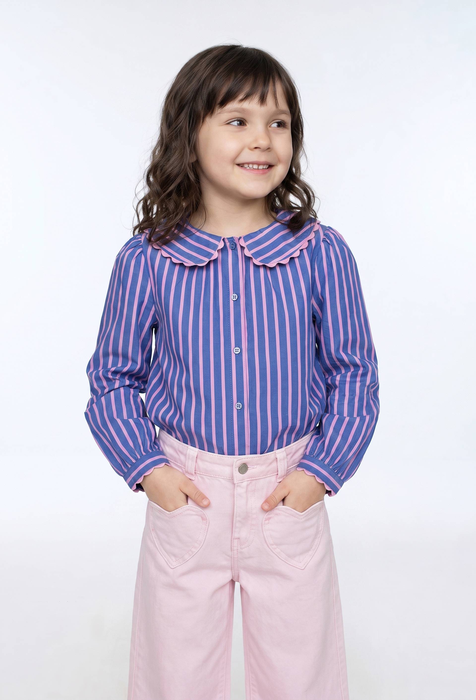 Blouse ray&eacute;e col claudine, Bleu, large image number 0.0