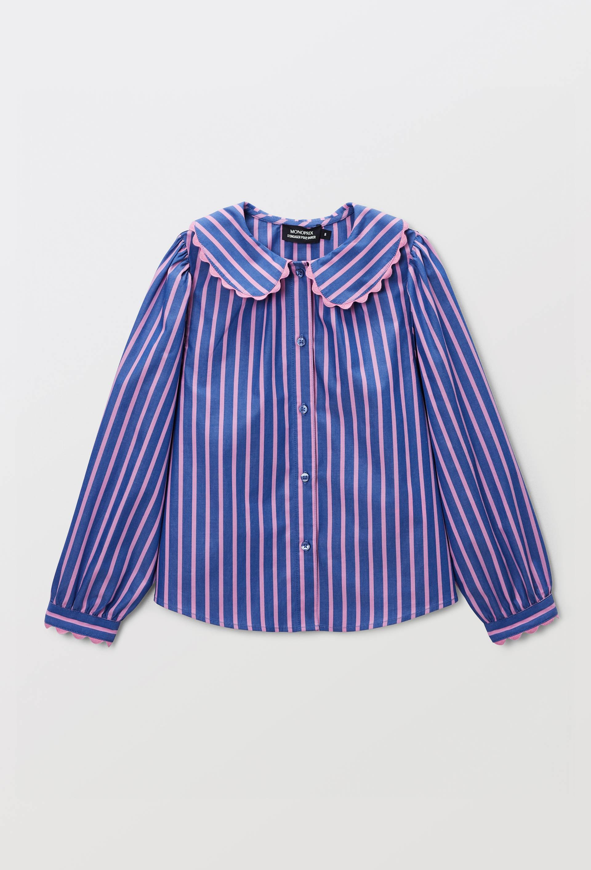 Blouse ray&eacute;e col claudine, Bleu, large image number 1
