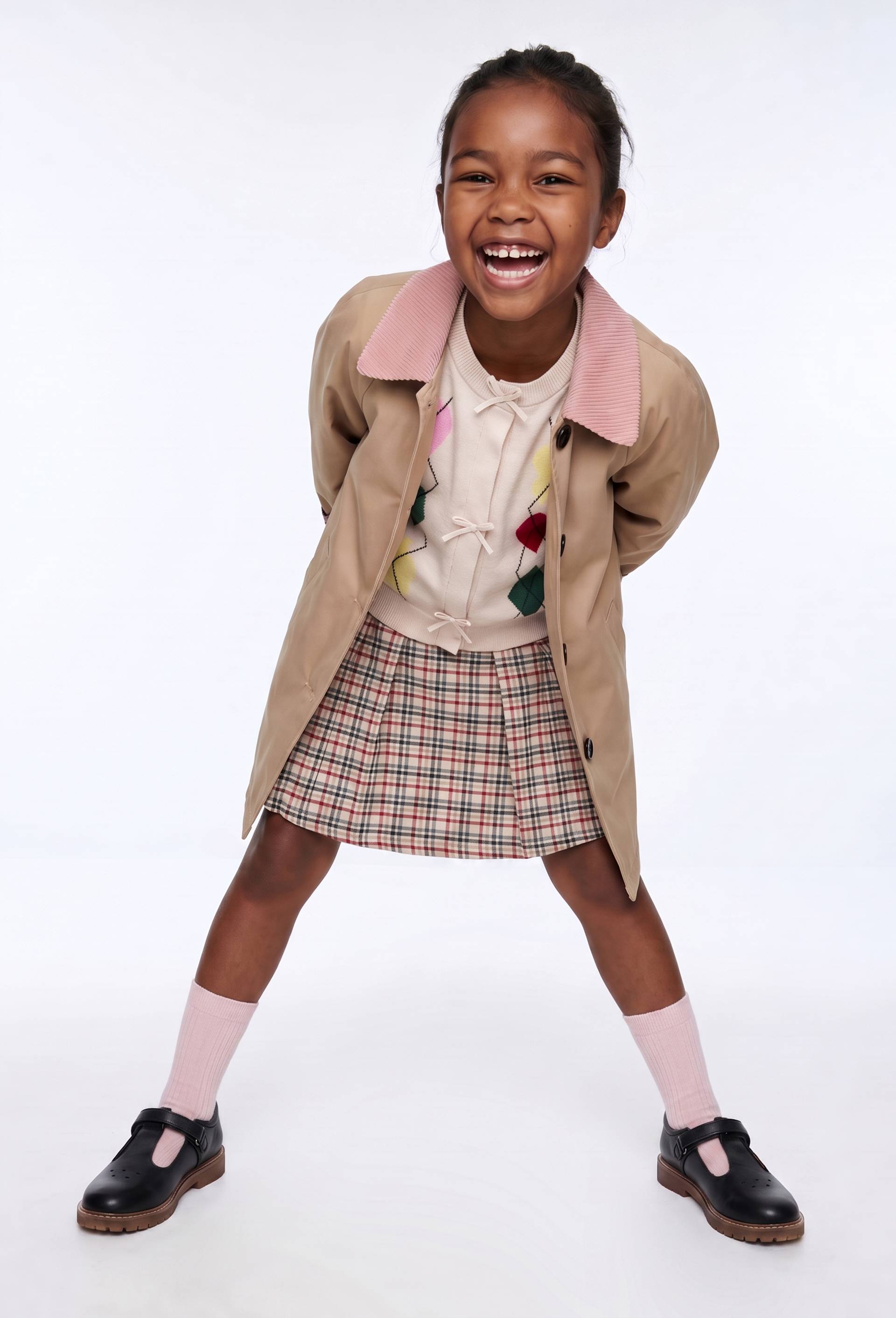 Trench col velours, cardigan jacquard et jupe short &agrave; carreaux enfant, , large
