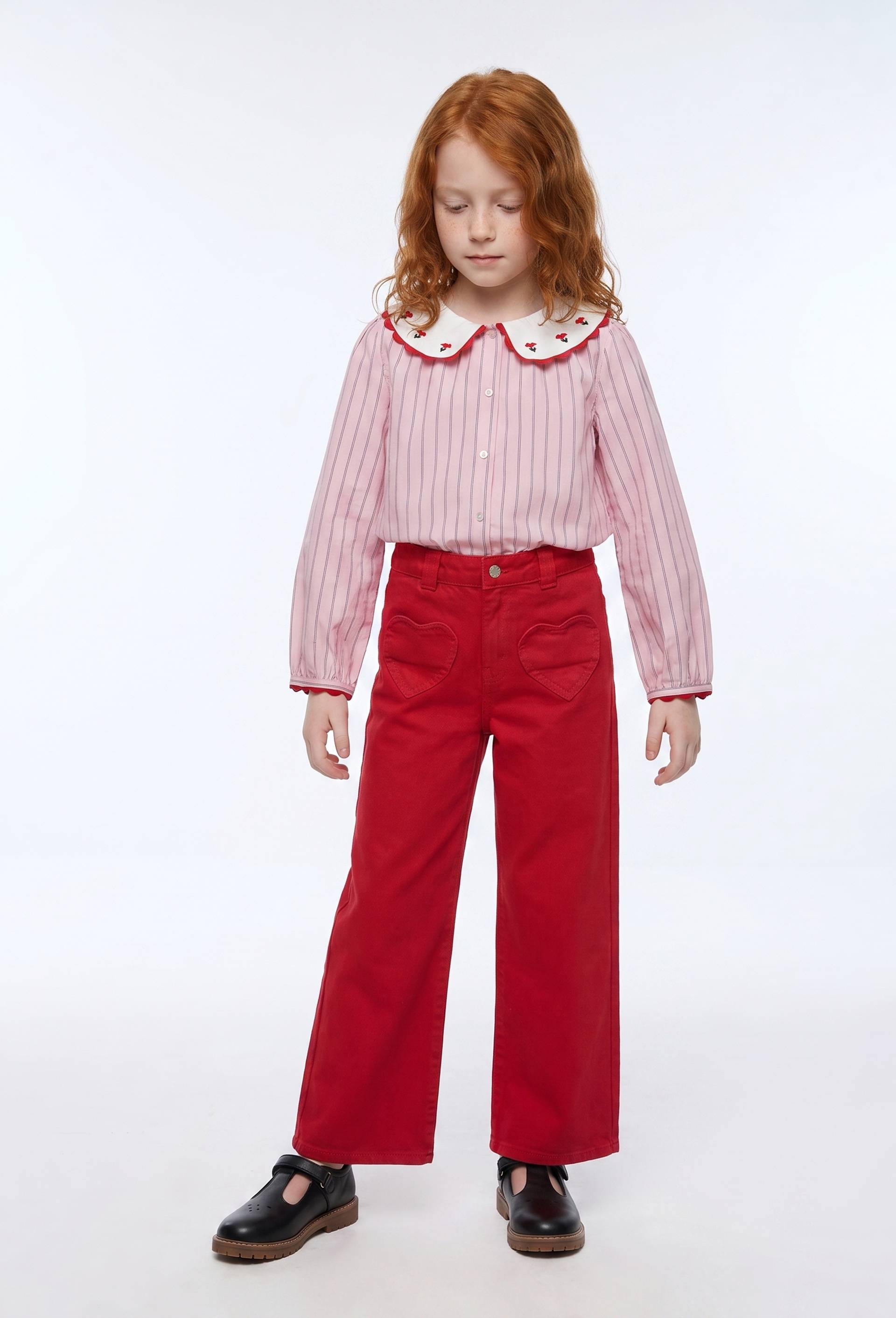 Pantalon uni avec poche coeur en coton, Rouge, large