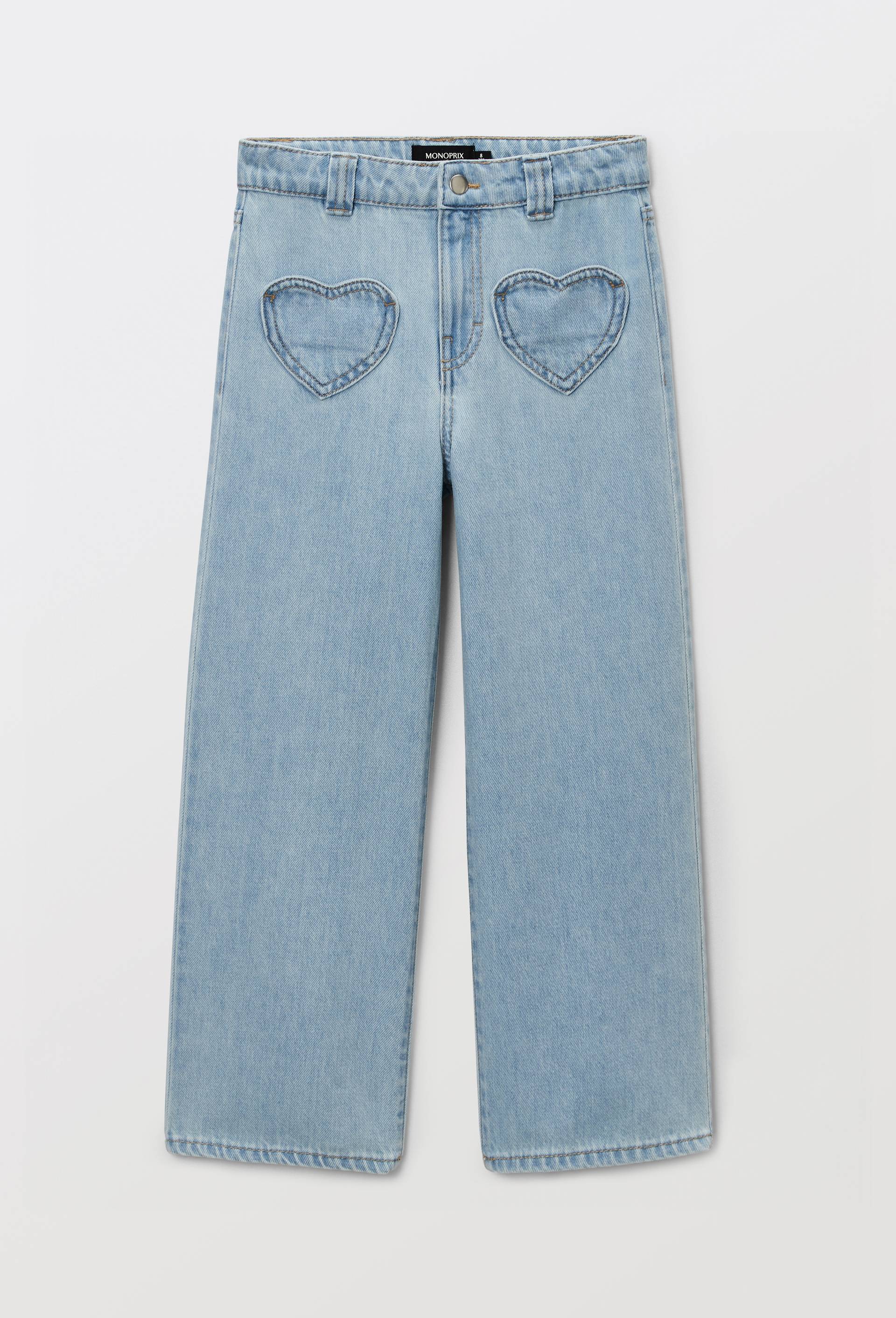 Jean uni poche coeur en coton, Bleu, large image number 1.0