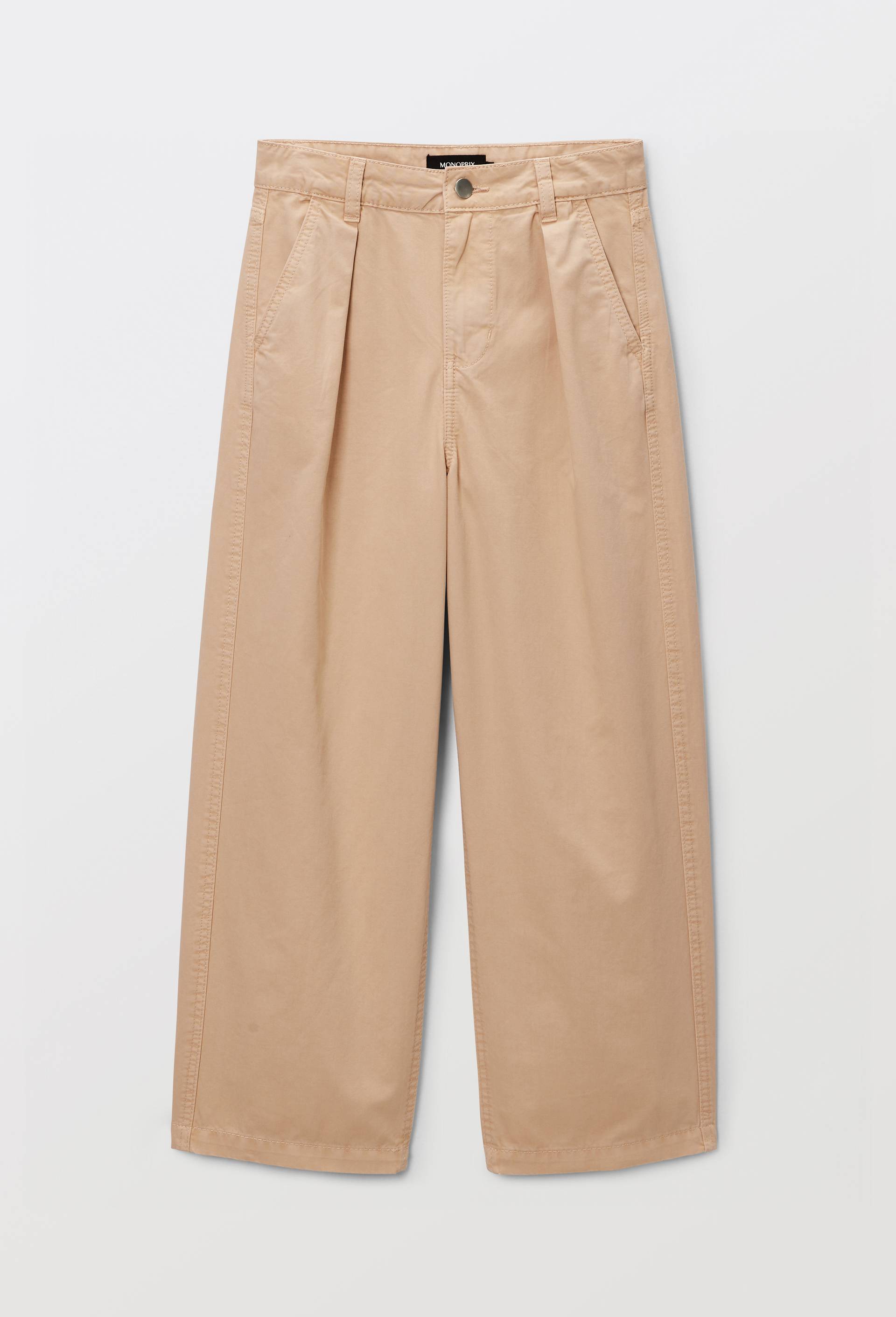 Pantalon uni &agrave; pinces en coton, Beige clair, large