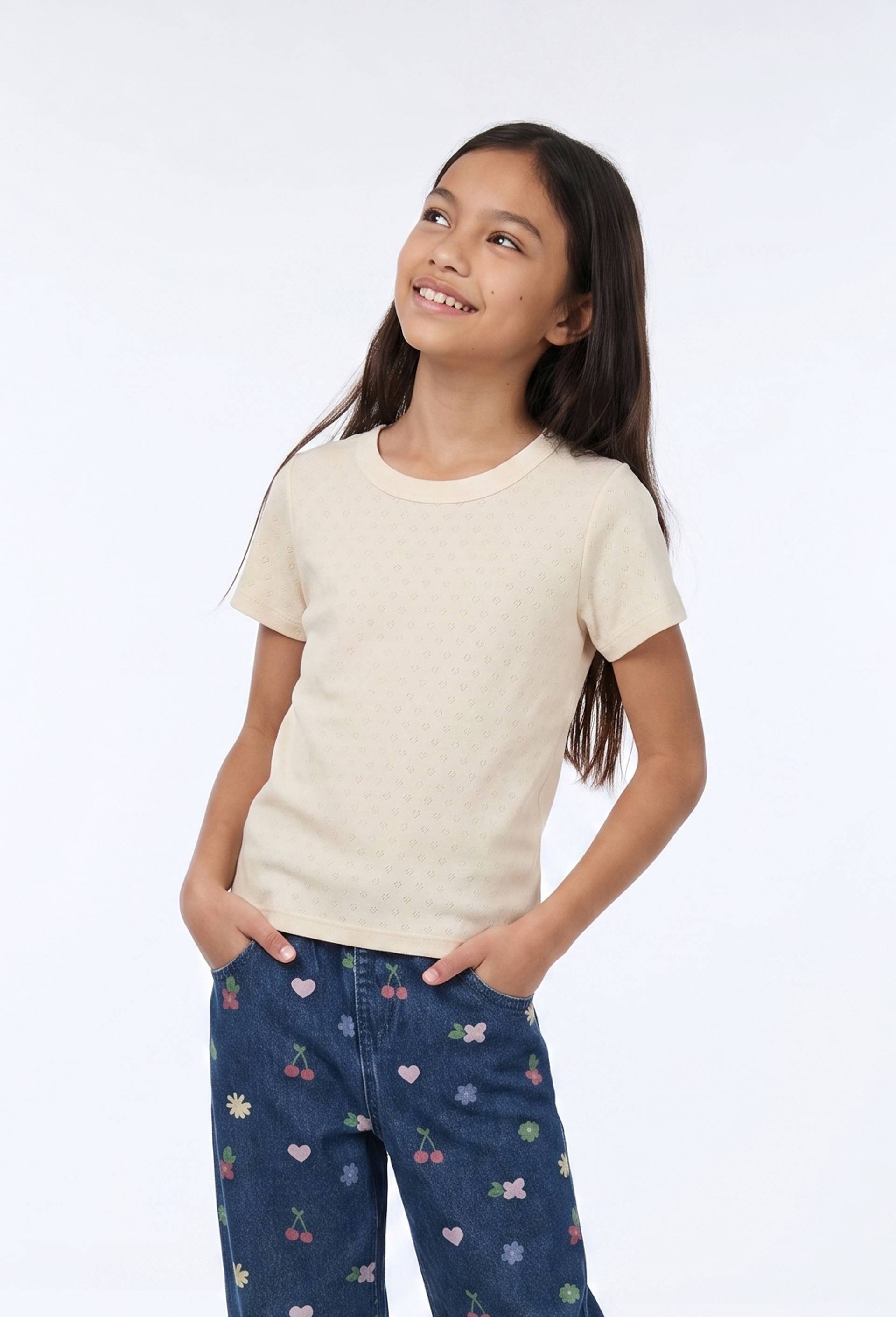 T-shirt en pointelle uni, Beige clair, large