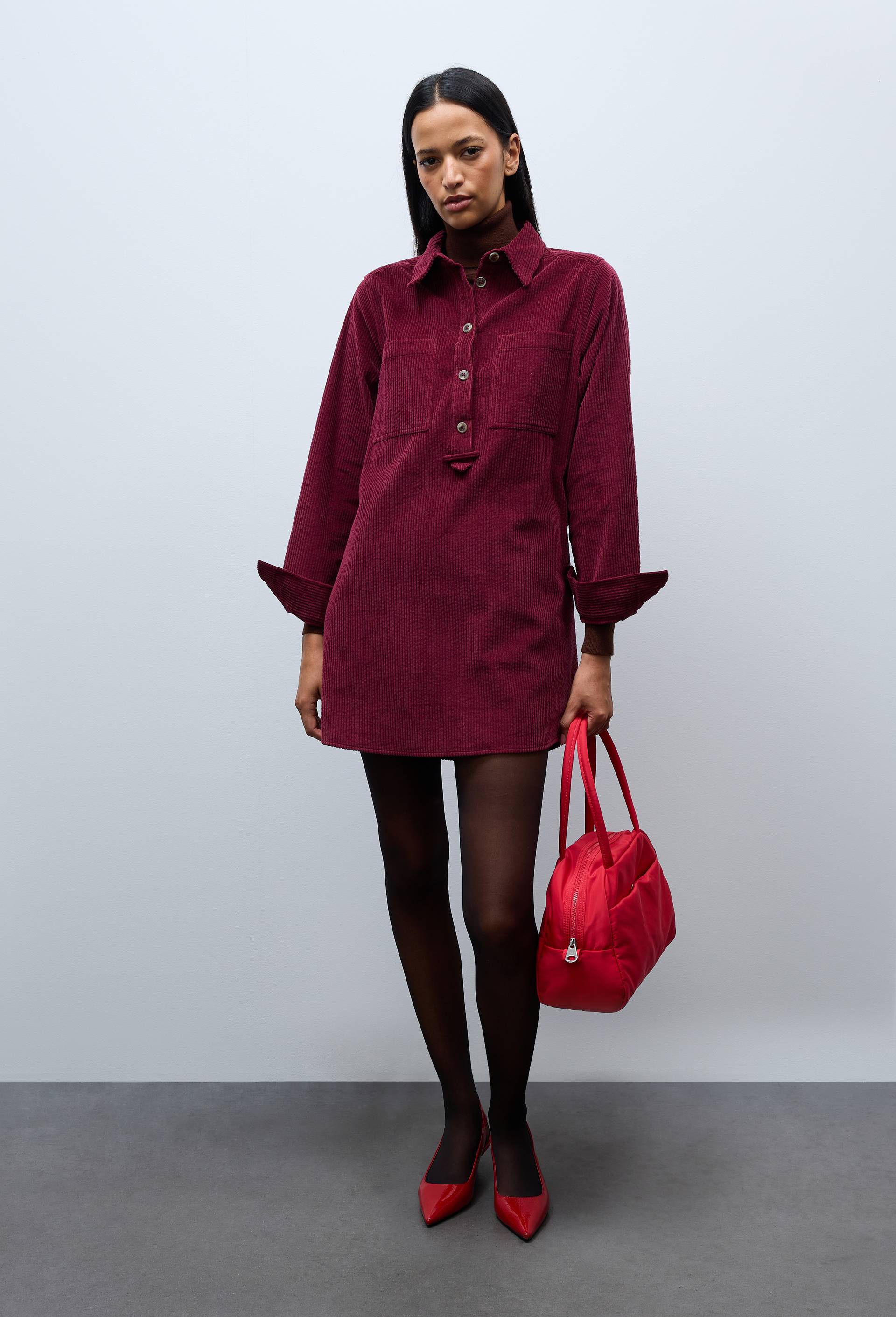 Robe courte manches longues en velours en coton BIO GOTS, Rouge fonc&eacute;, large image number 0