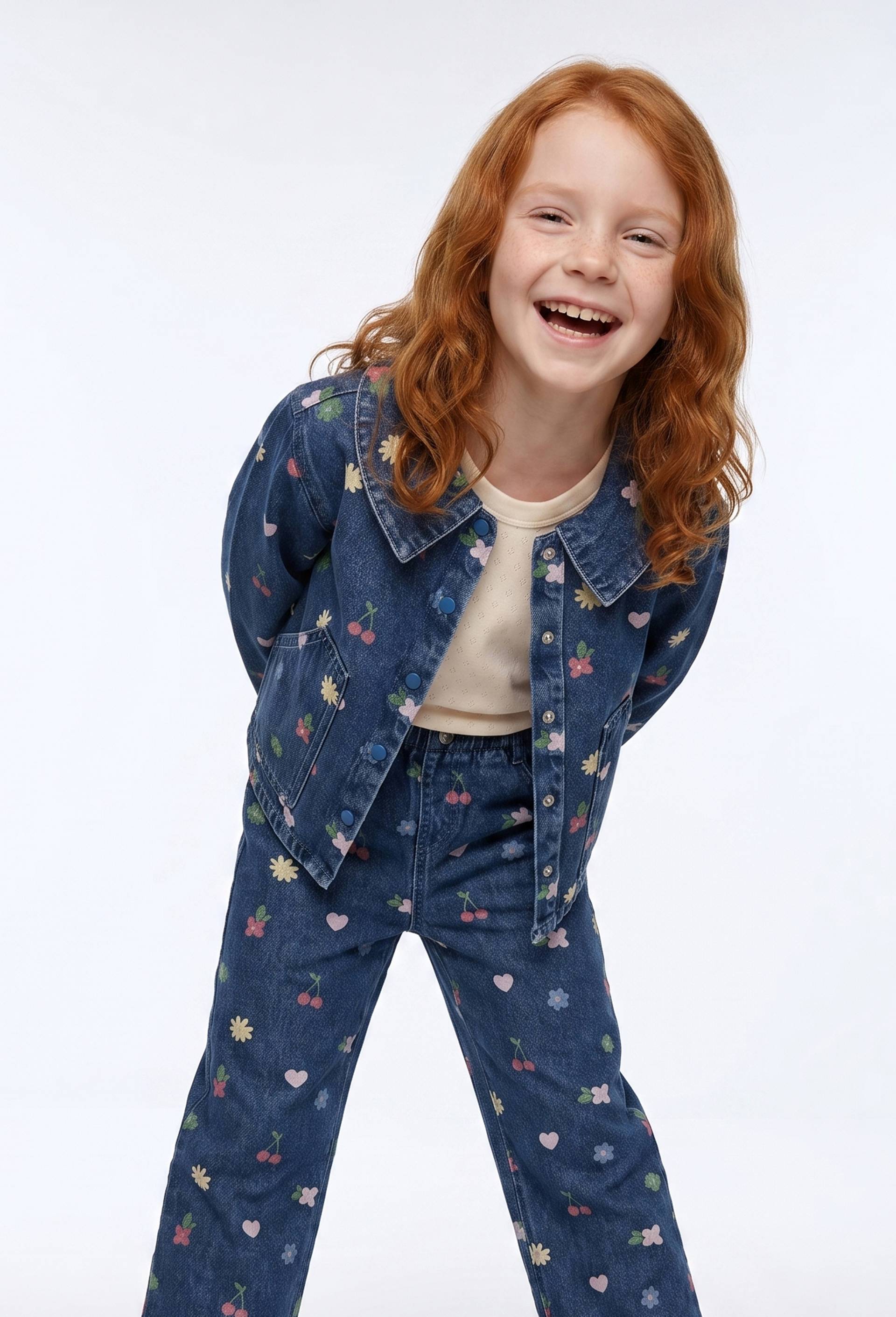 Veste en jean col claudine imprim&eacute;e, Bleu clair, large