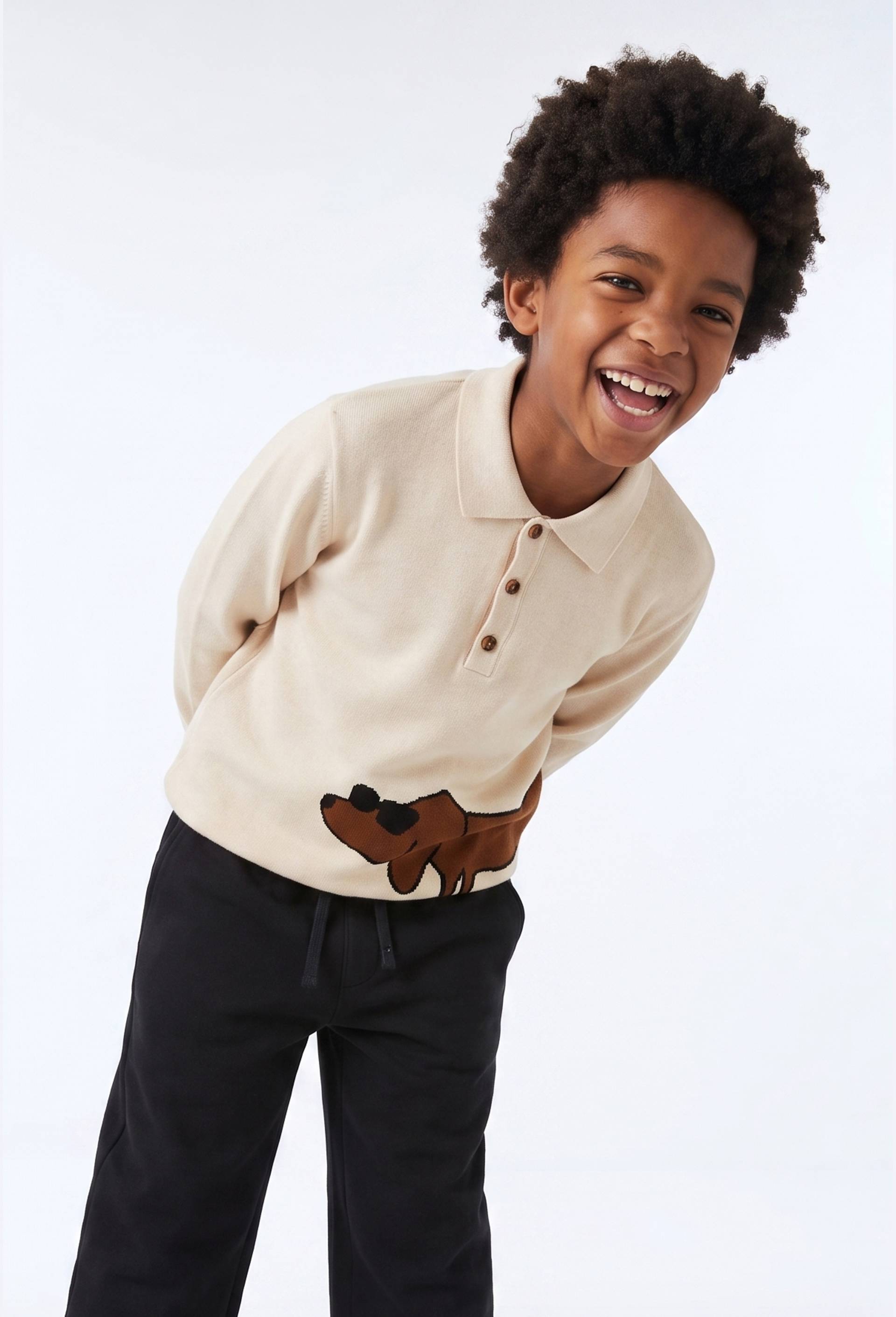 Pull col polo imprim&eacute; en coton, Beige clair, large image number 0