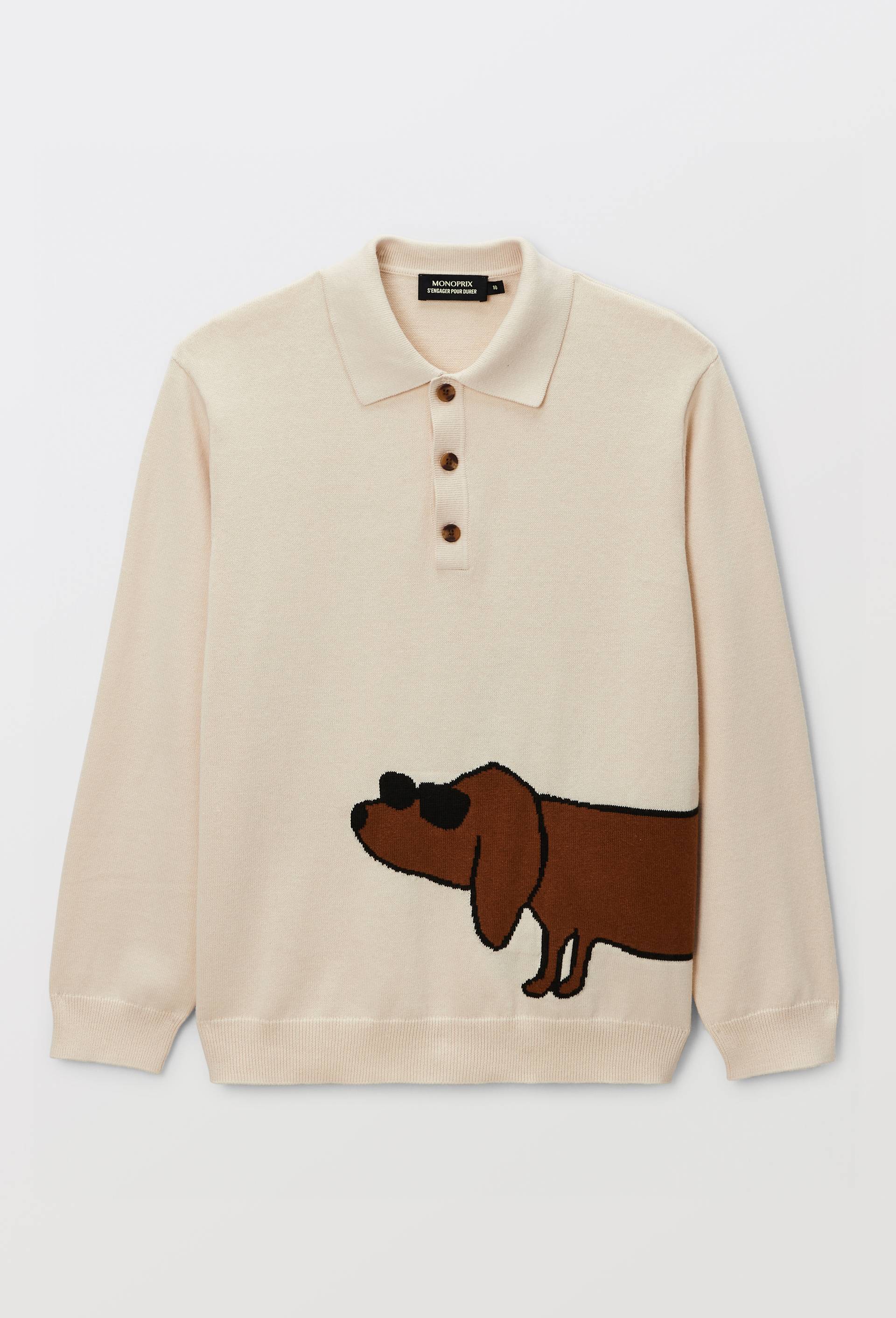 Pull col polo imprim&eacute; en coton, Beige clair, large image number 1