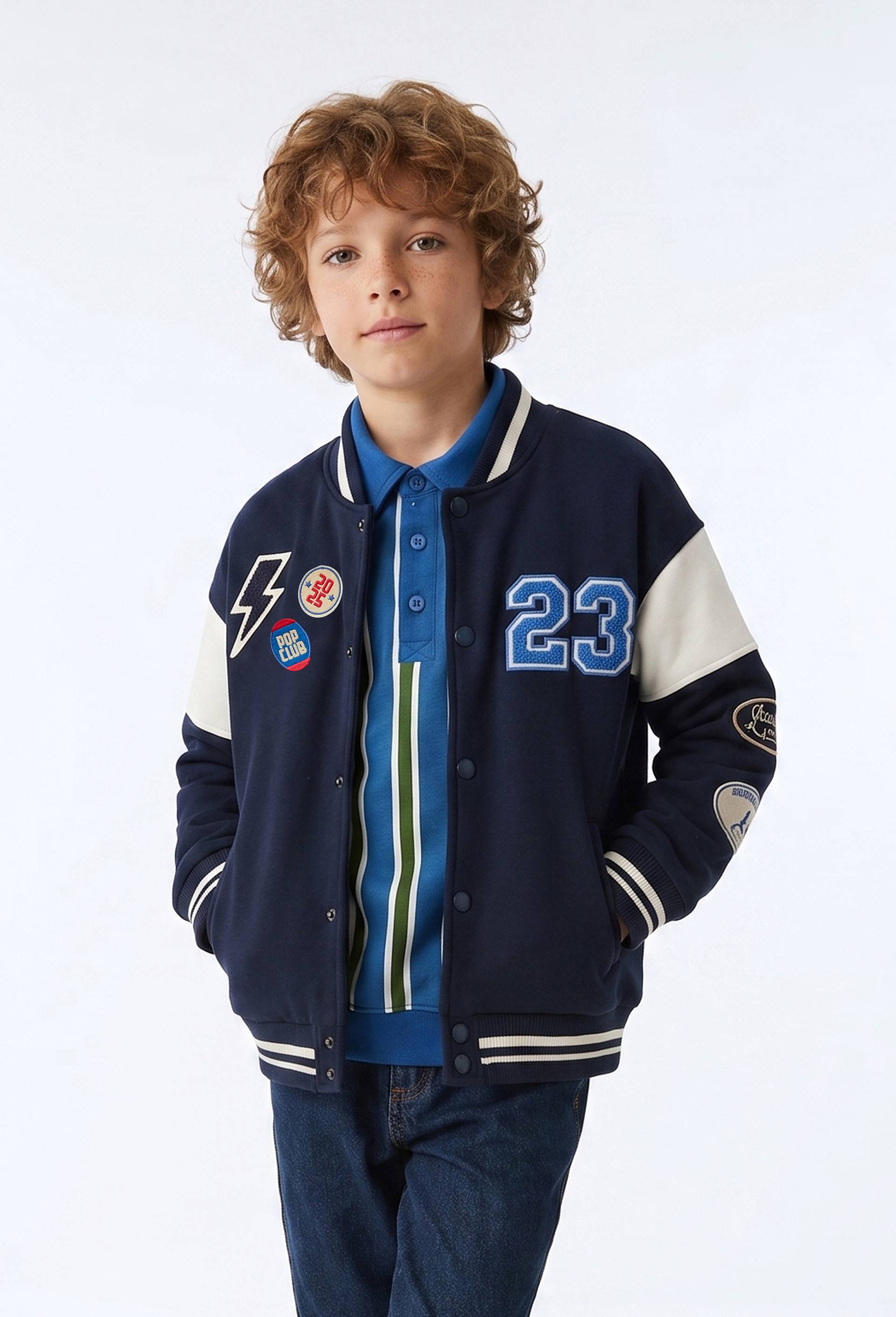 Teddy avec patch bleu, sweat col polo ray&eacute; bleu et pantalon droit &eacute;lastiqu&eacute; enfant, , large