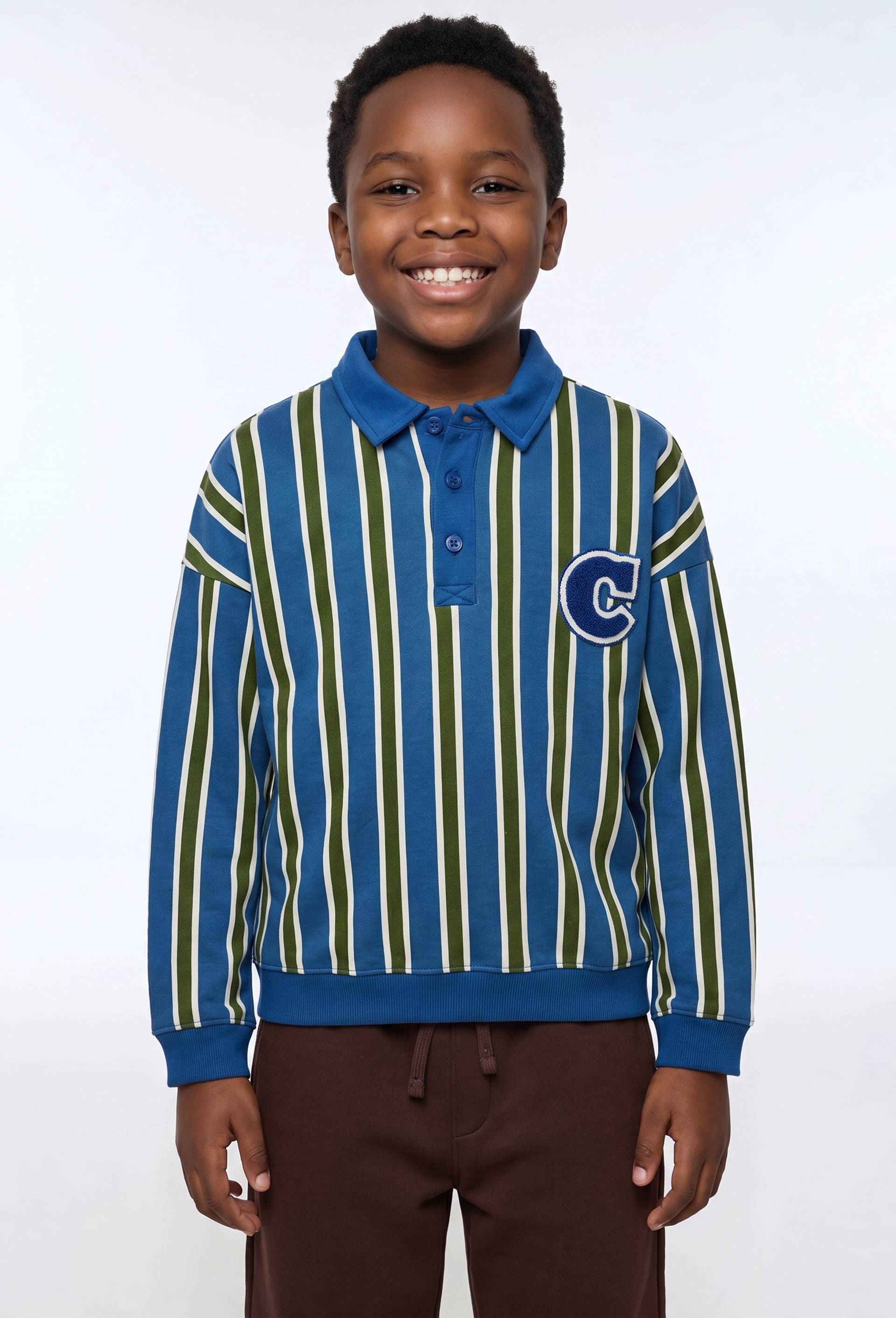 Sweat col polo ray&eacute; en coton BIO GOTS, Bleu, large