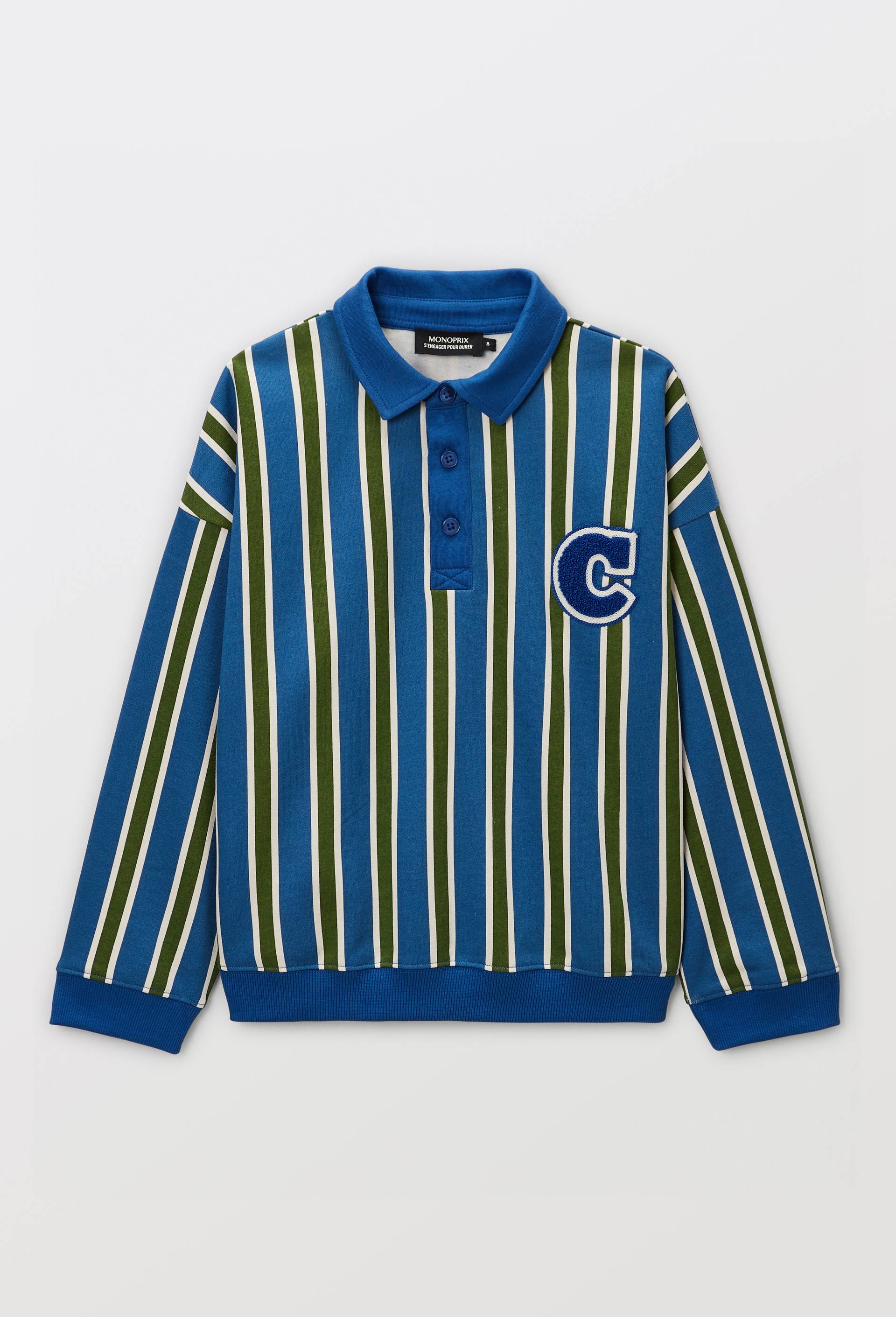 Sweat col polo ray&eacute; en coton BIO GOTS, Bleu, large