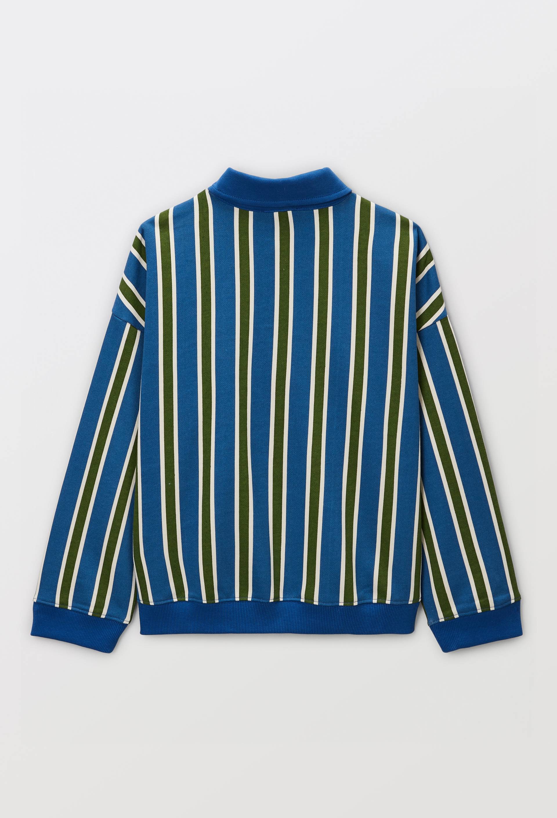 Sweat col polo ray&eacute; en coton BIO GOTS, Bleu, large