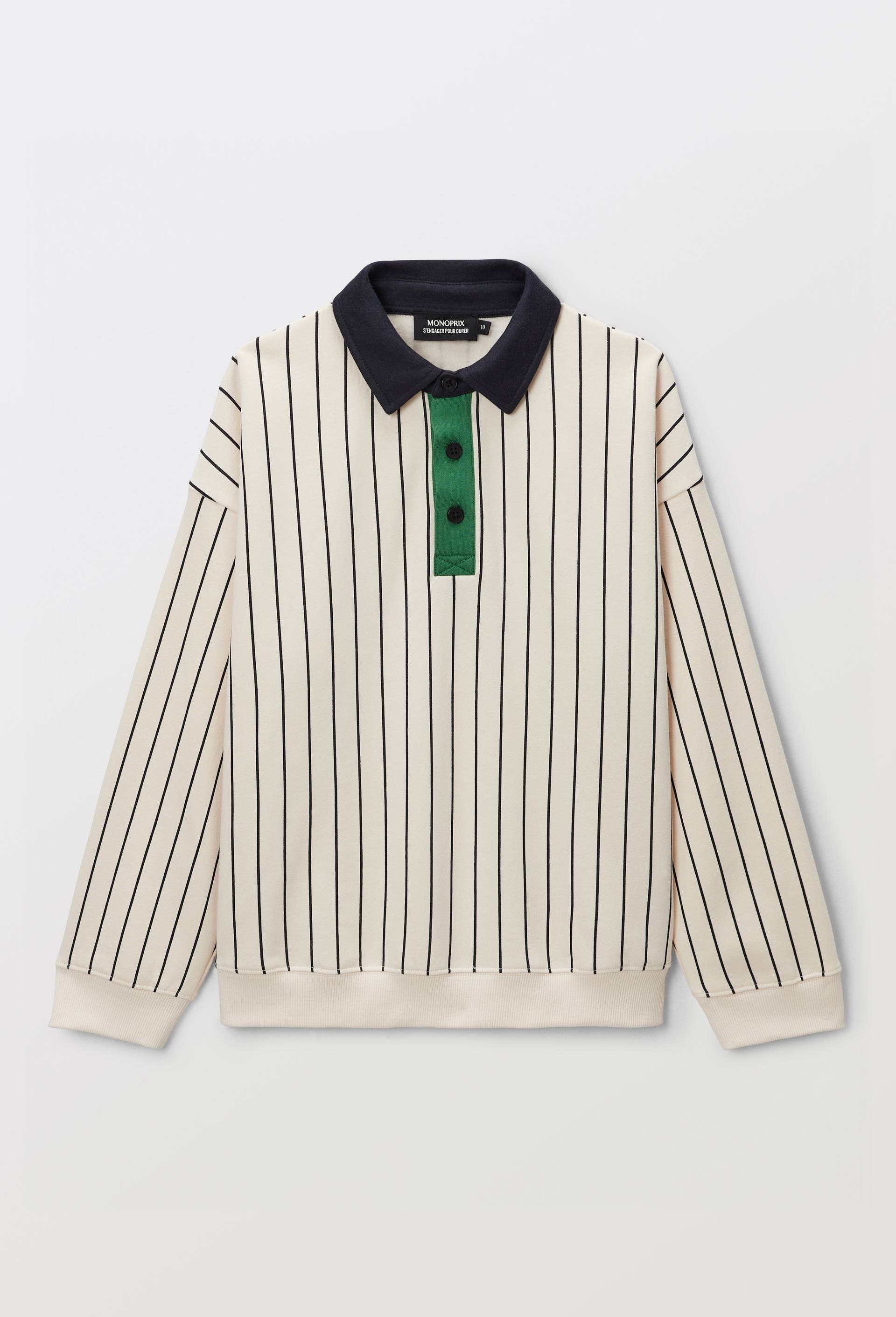 Sweat col polo ray&eacute; en coton BIO GOTS, Beige clair, large